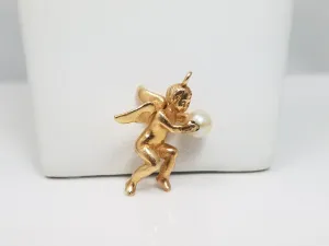 Cute 14k Yellow Gold Solid 3D Cherub Cultured Pearl Pendant