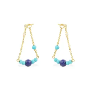 Dainty Chain Blue Stone Drop Earrings - Yellow Silver