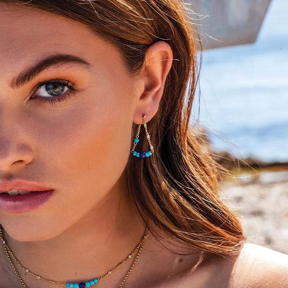 Dainty Chain Blue Stone Drop Earrings - Yellow Silver