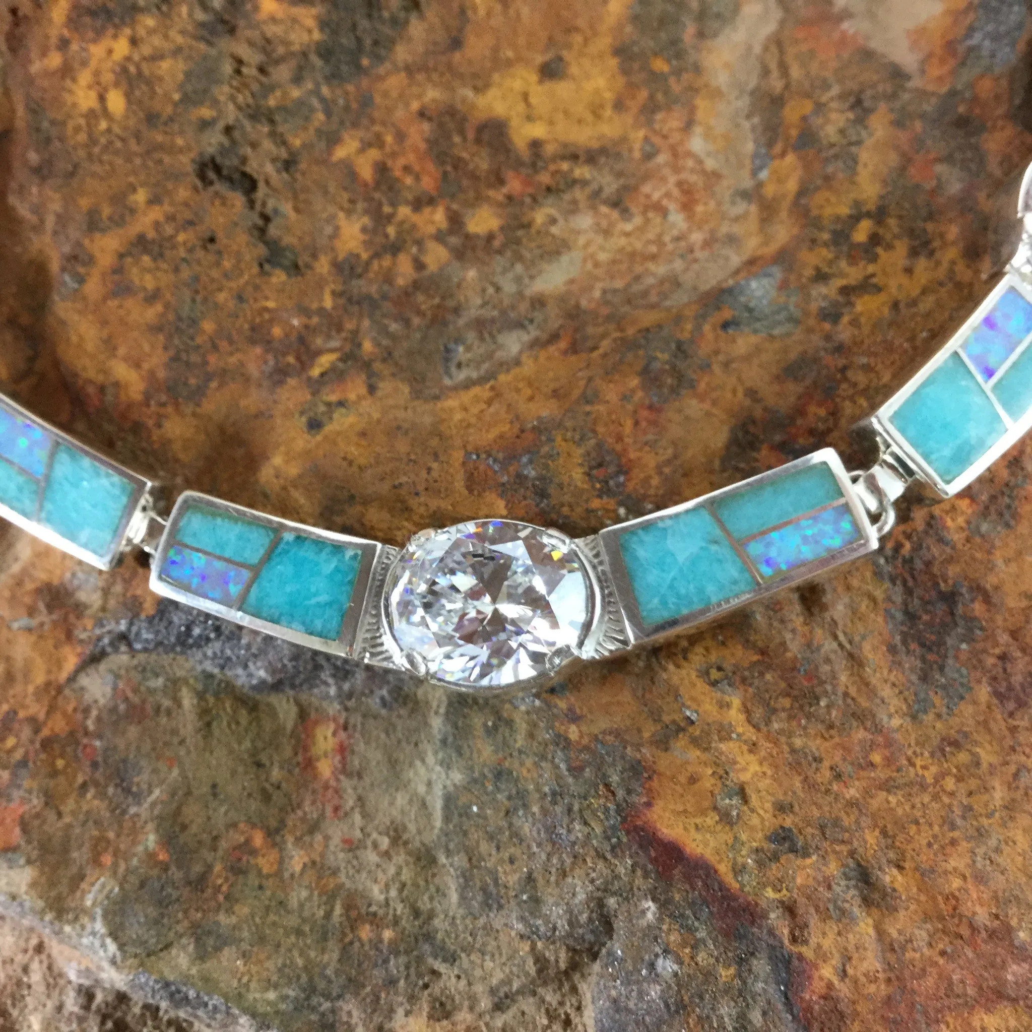 David Rosales Amazing Light Inlaid Sterling Silver Necklace w/ Cubic Zirconia