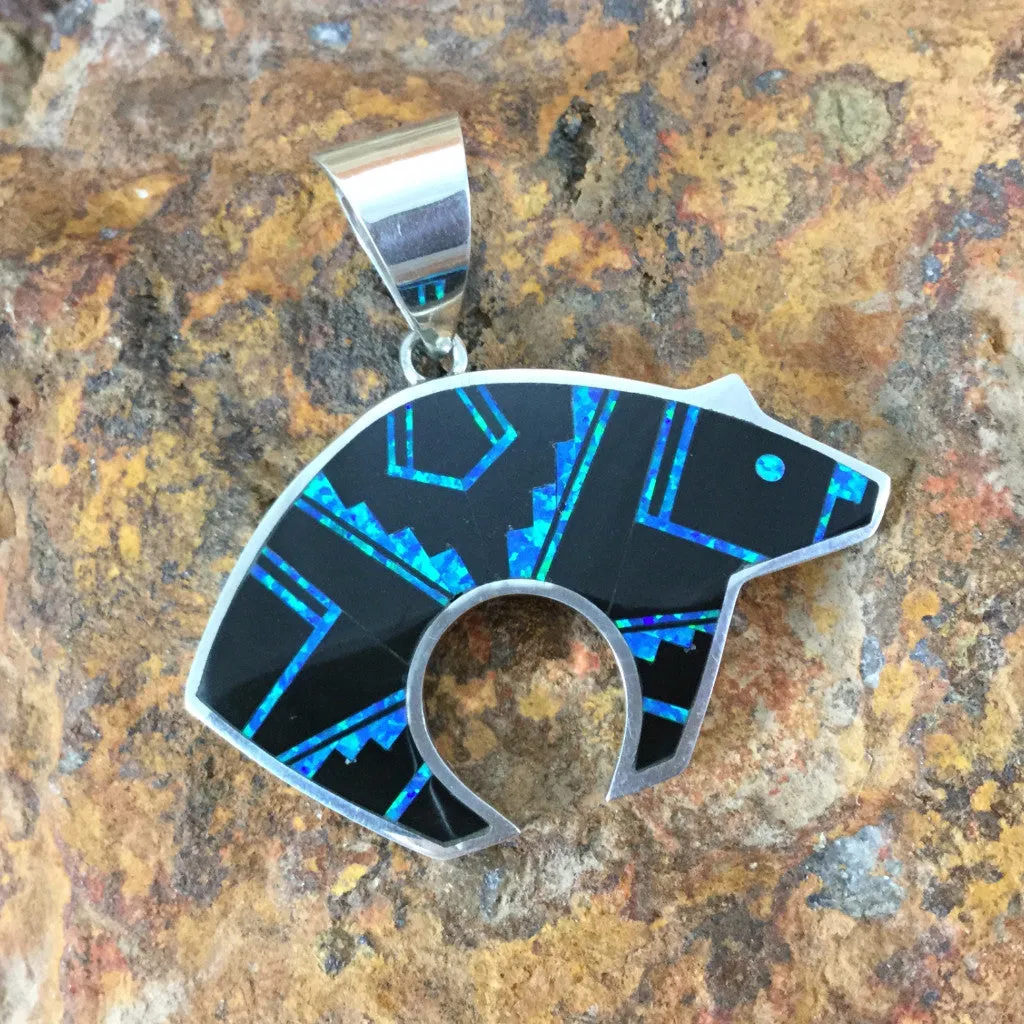 David Rosales Black Beauty Fancy Inlaid Sterling Silver Pendant Bear