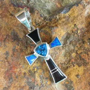 David Rosales Black Beauty Sterling Silver Pendant Cross w/ Blue Topaz