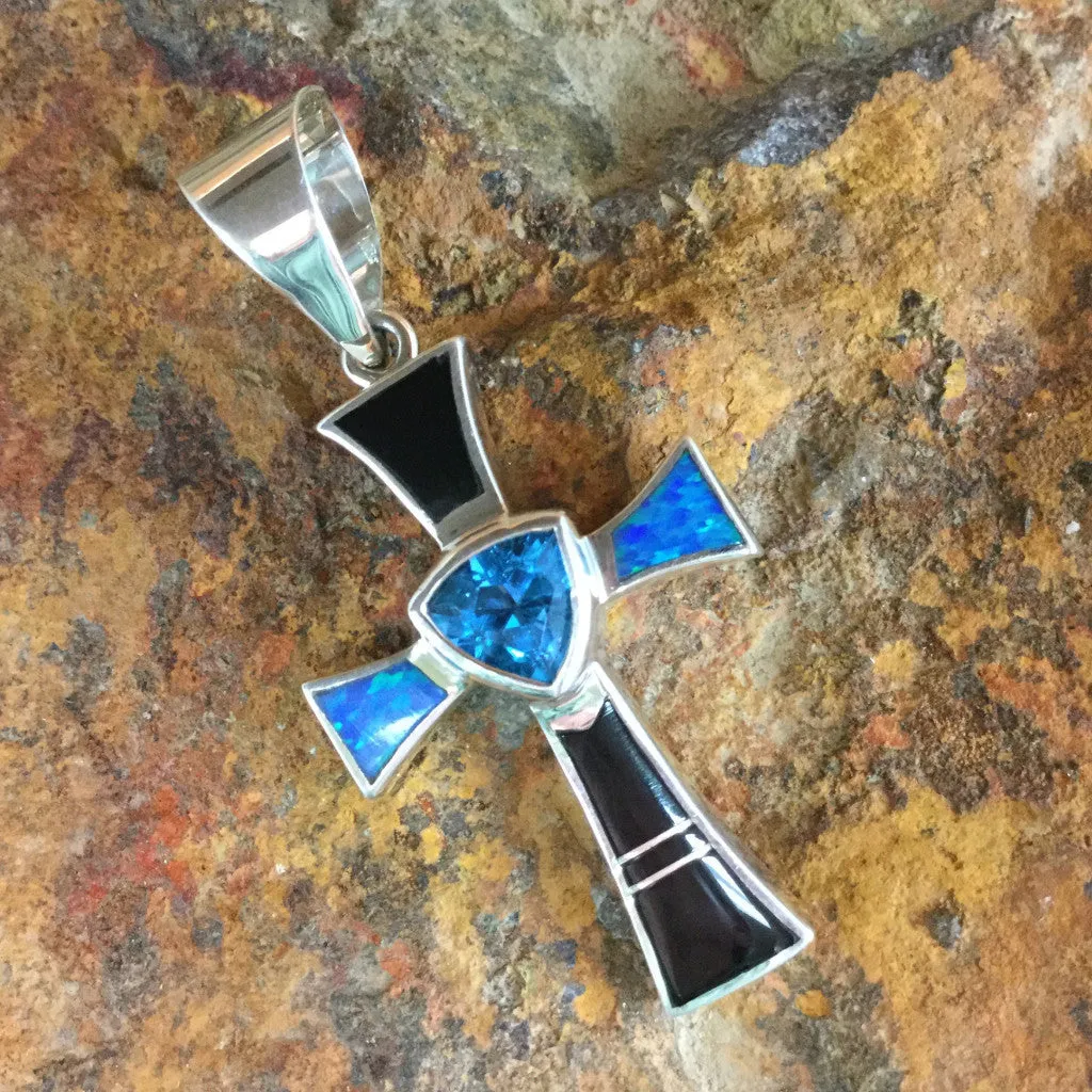 David Rosales Black Beauty Sterling Silver Pendant Cross w/ Blue Topaz