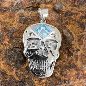 David Rosales Mystic Pearl Inlaid Sterling Silver Pendant Sugar Skull