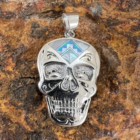 David Rosales Mystic Pearl Inlaid Sterling Silver Pendant Sugar Skull