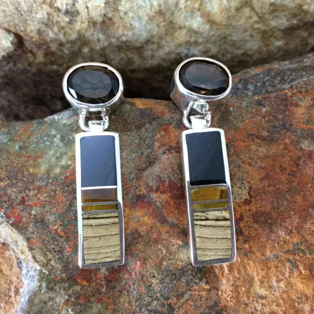 David Rosales Native Earth Inlaid Sterling Silver Earrings w/ Smoky Topaz