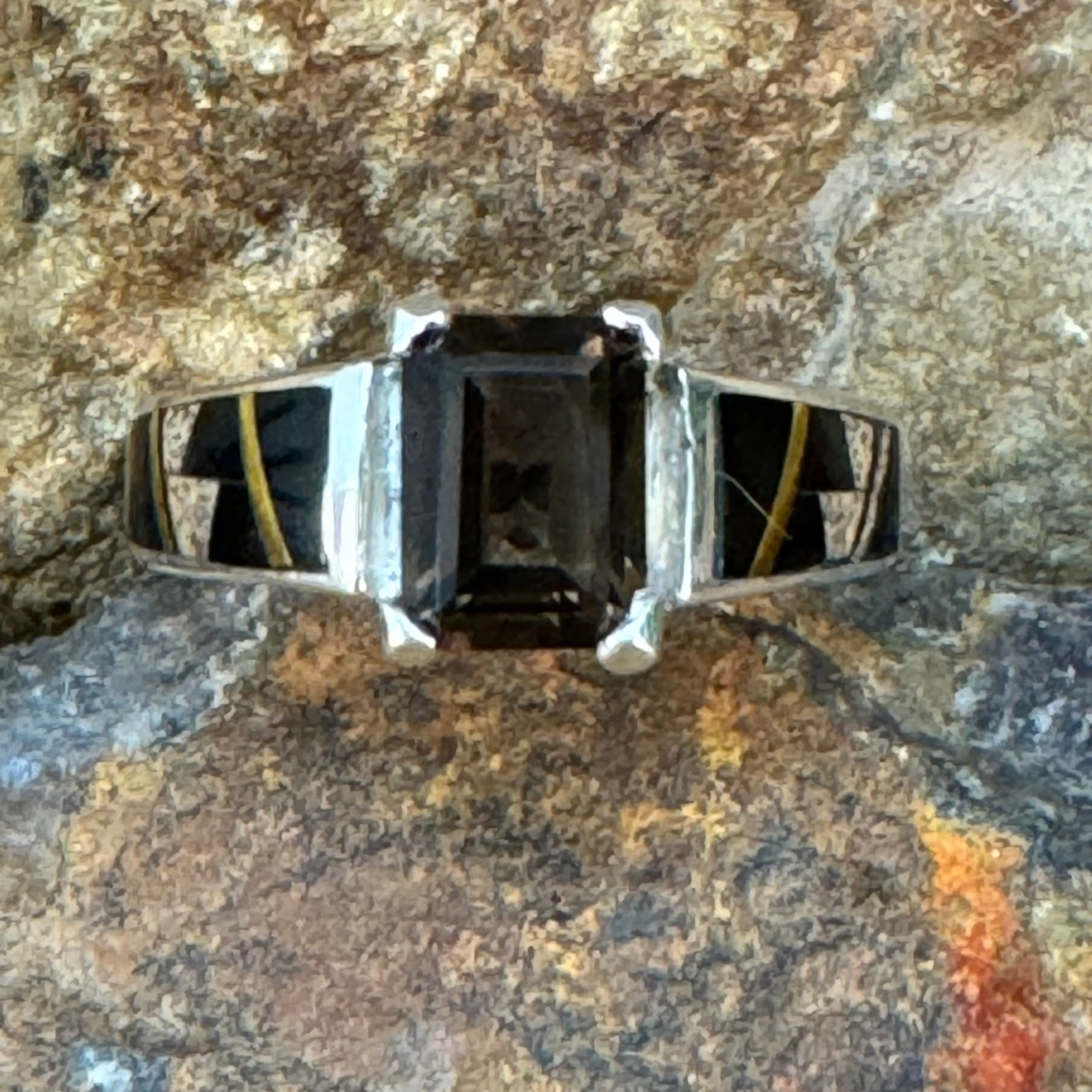 David Rosales Native Earth Inlaid Sterling Silver Ring w/ Smoky Topaz