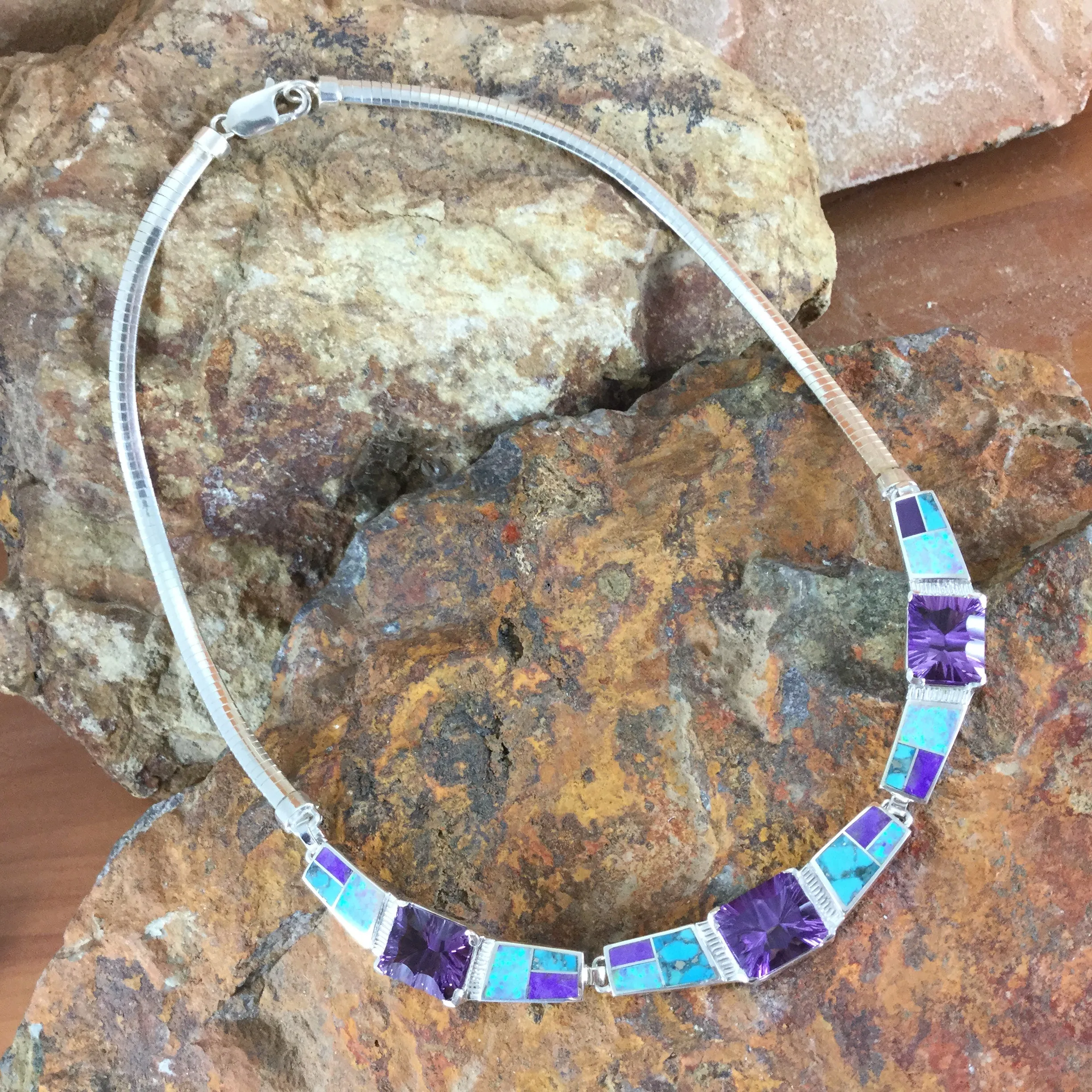 David Rosales Shalako Inlaid Sterling Silver Necklace w/ Amethyst