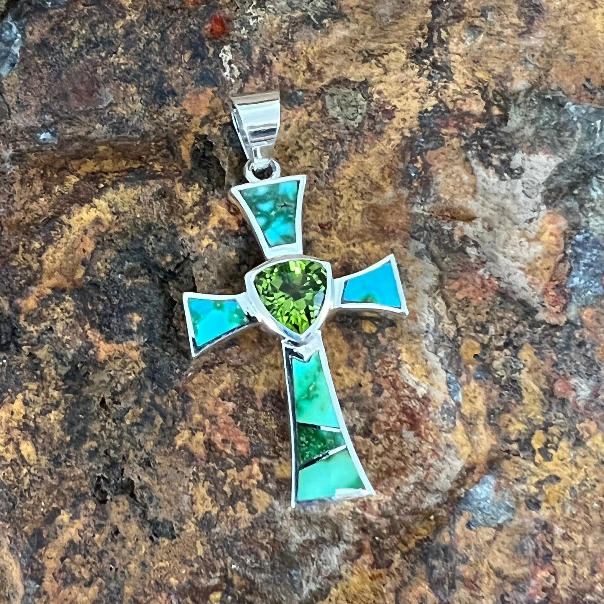 David Rosales Sonoran Gold Inlaid Sterling Silver Pendant Cross w Peridot