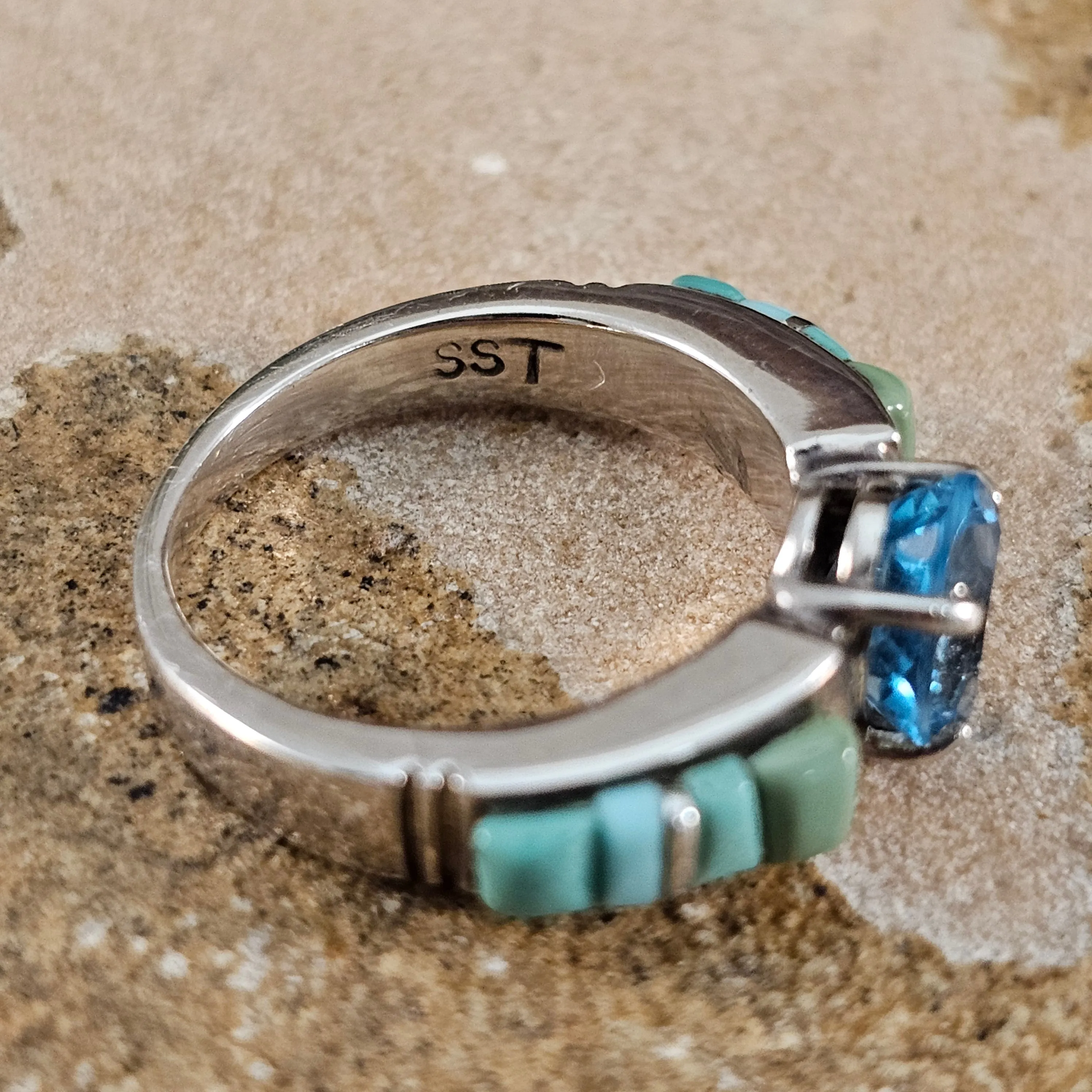 David Rosales Turquoise Valley Cobble Inlaid Sterling Silver Ring w/ Blue Topaz