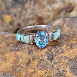 David Rosales Turquoise Valley Cobble Inlaid Sterling Silver Ring w/ Blue Topaz