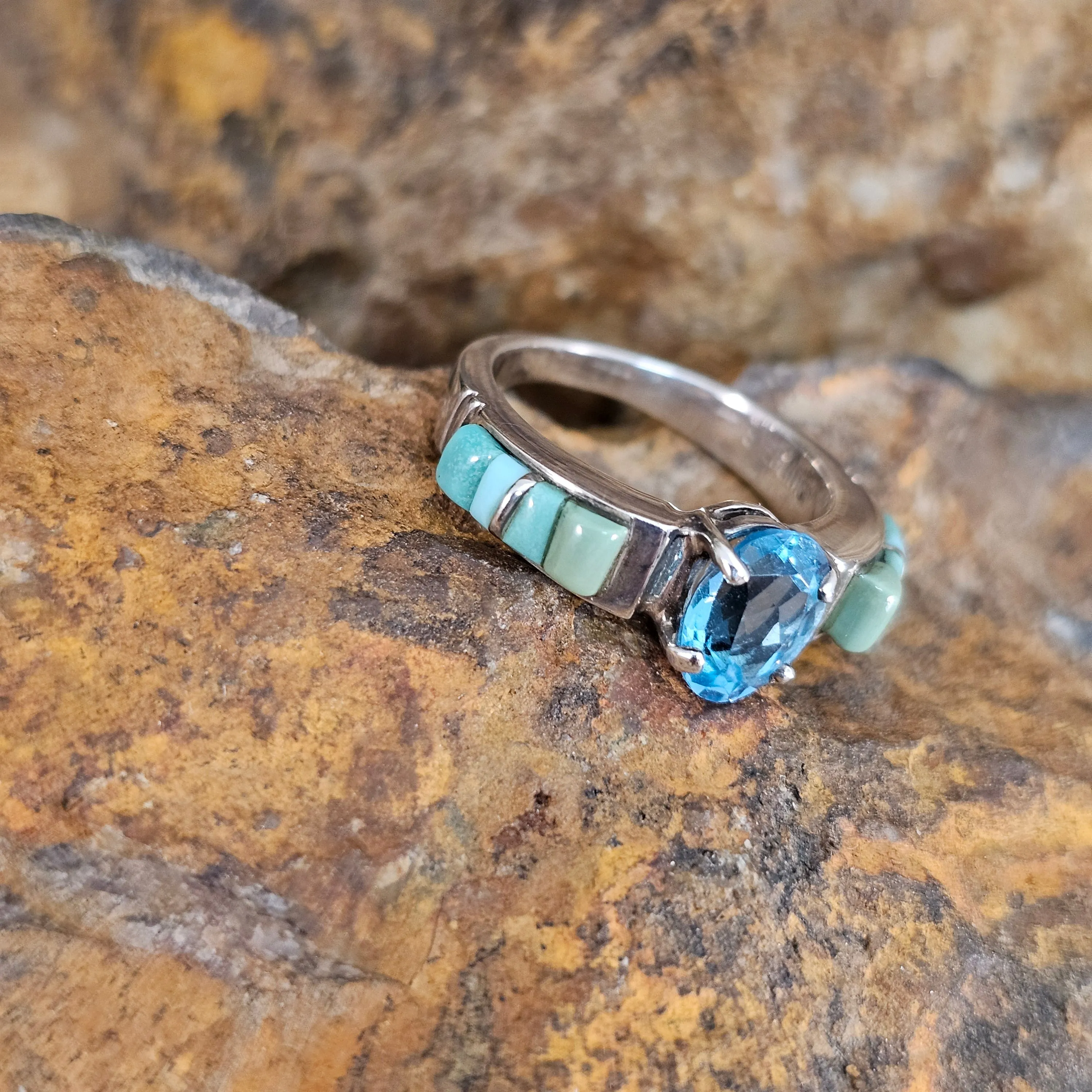 David Rosales Turquoise Valley Cobble Inlaid Sterling Silver Ring w/ Blue Topaz