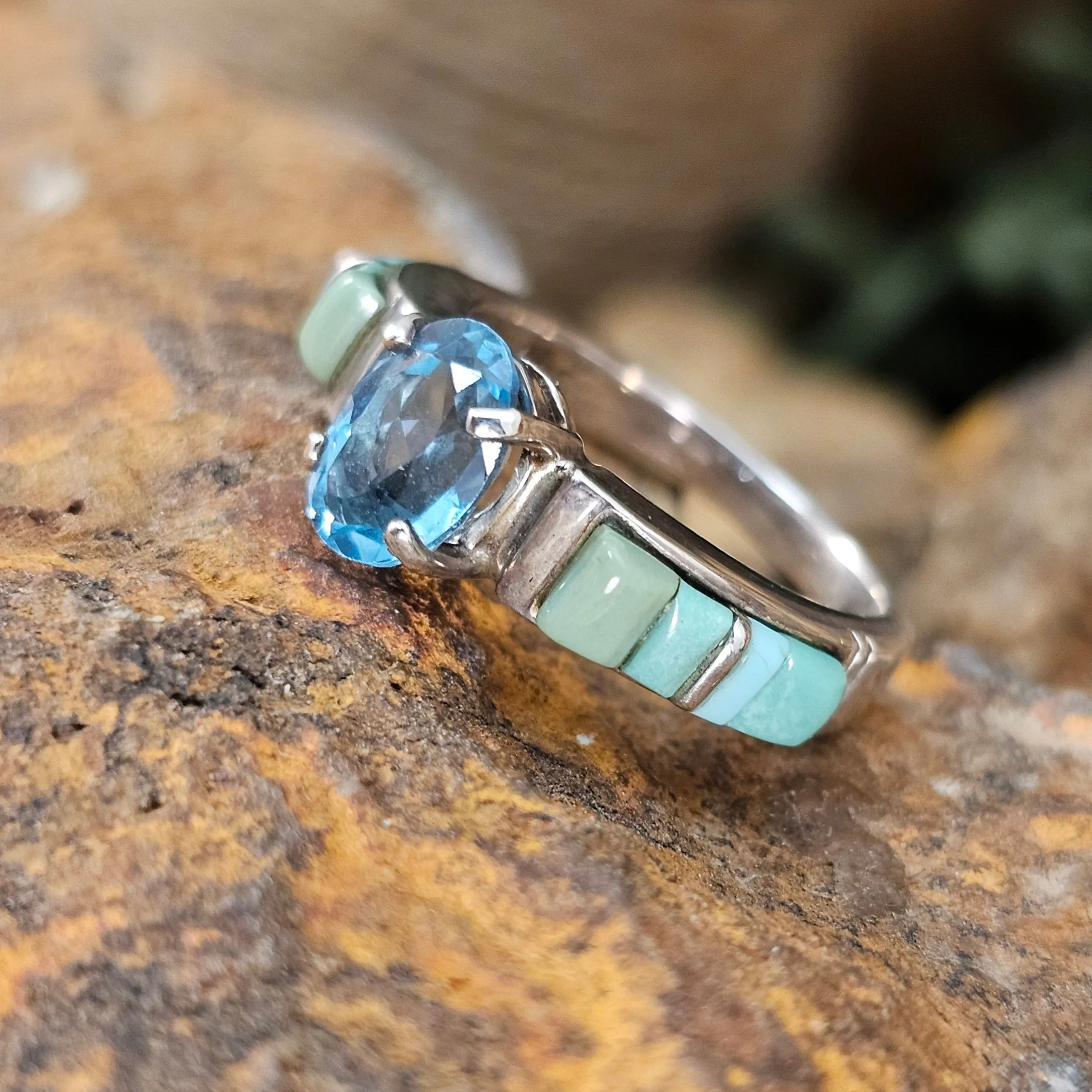 David Rosales Turquoise Valley Cobble Inlaid Sterling Silver Ring w/ Blue Topaz