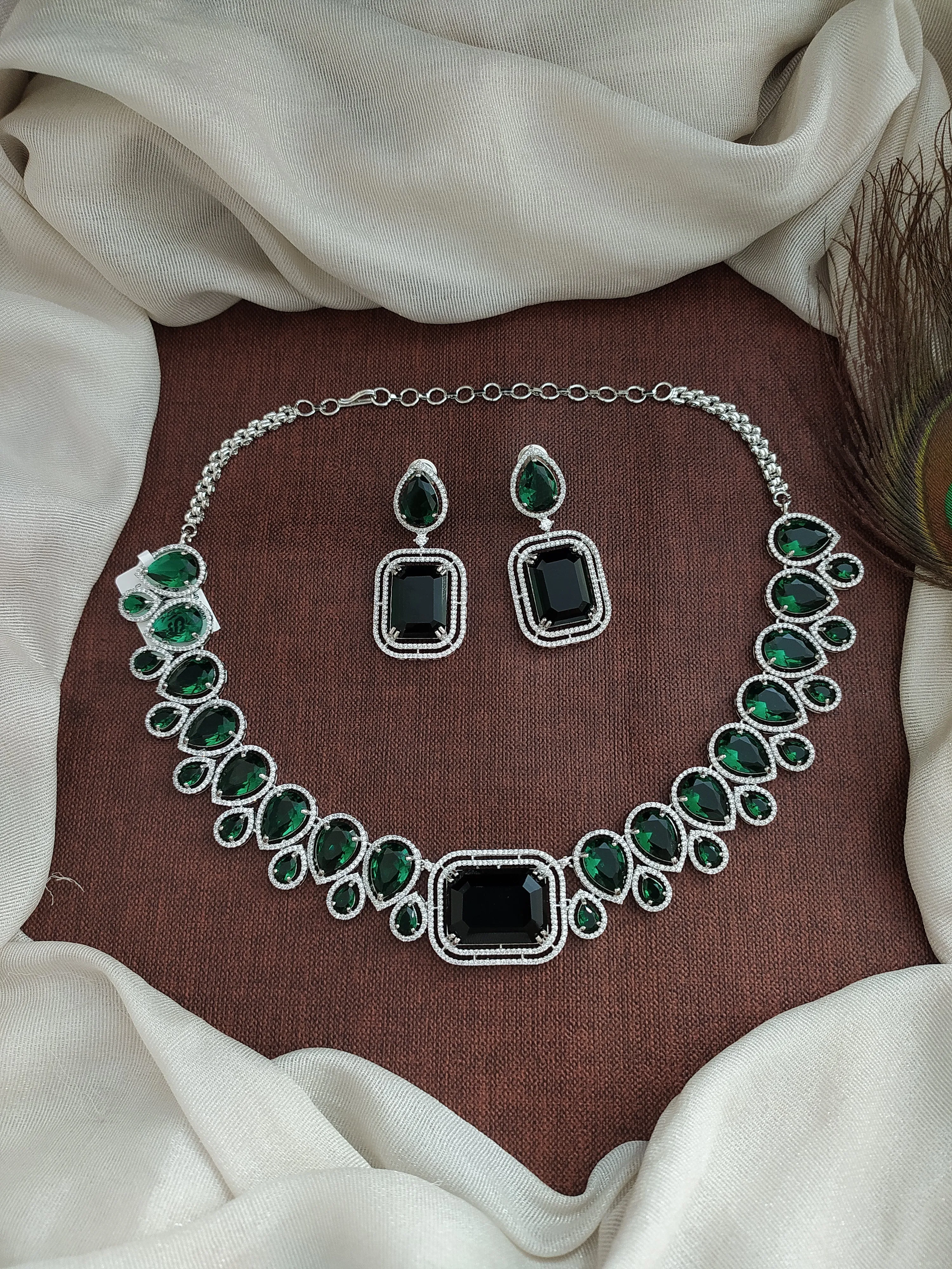 Designer American Diamond Necklace Set with Zircon Stones – Available in Green and Violet