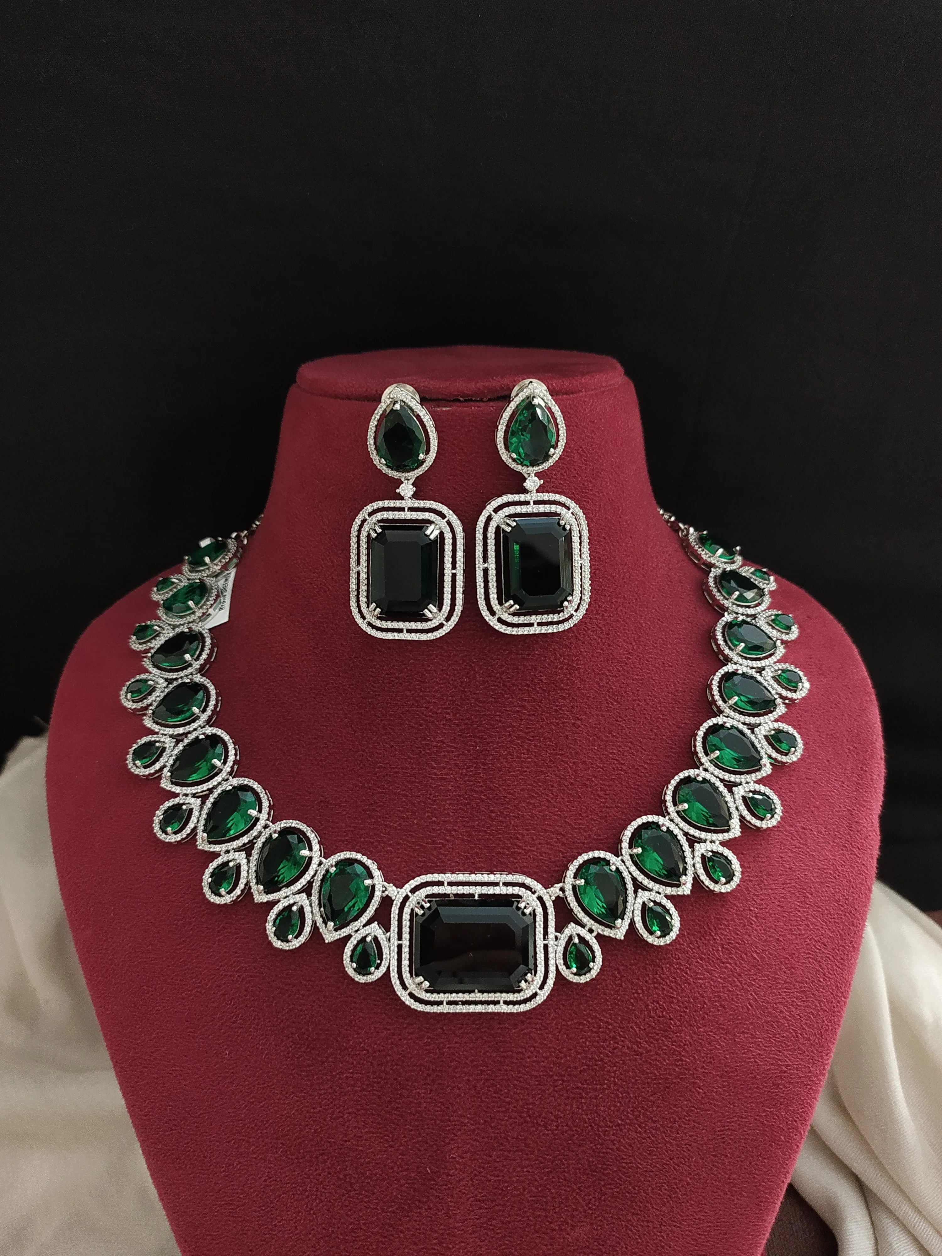 Designer American Diamond Necklace Set with Zircon Stones – Available in Green and Violet