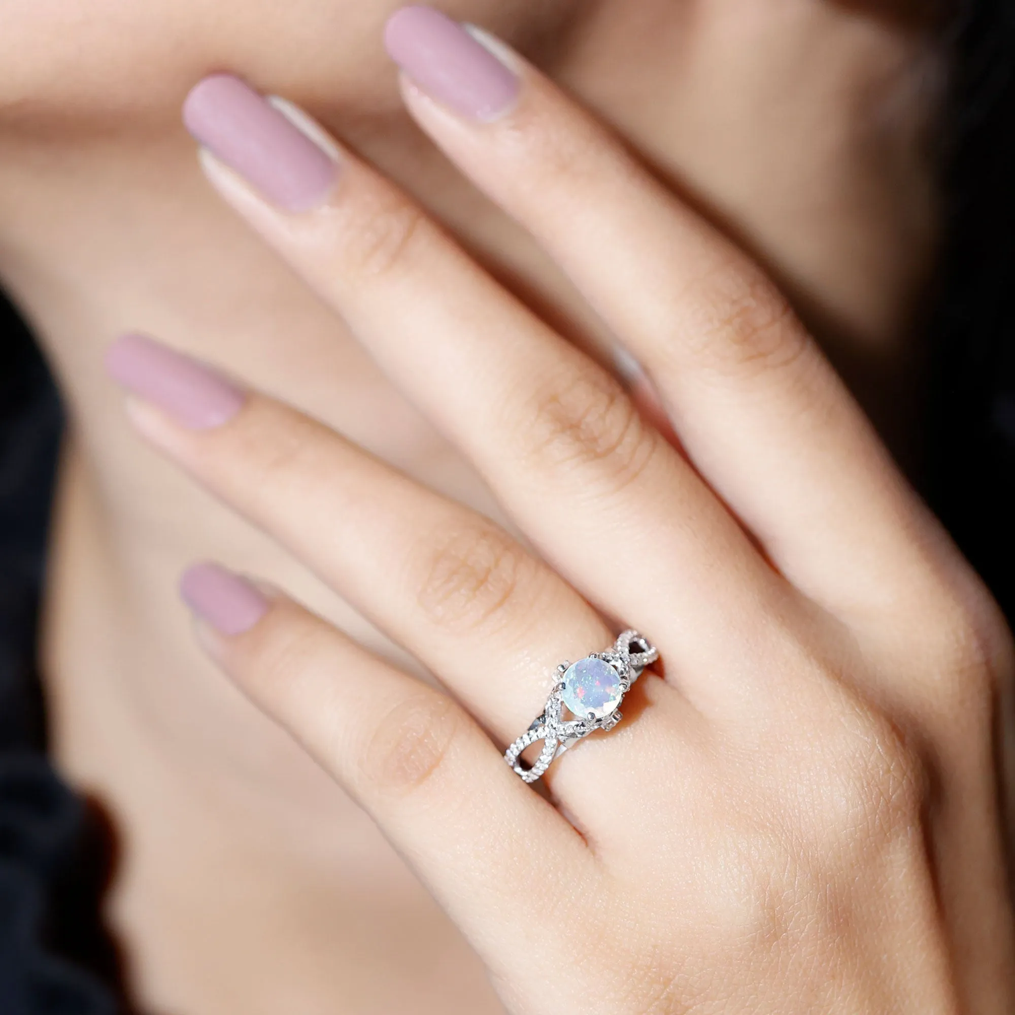 Designer Ethiopian Opal and Diamond Crossover Engagement Ring