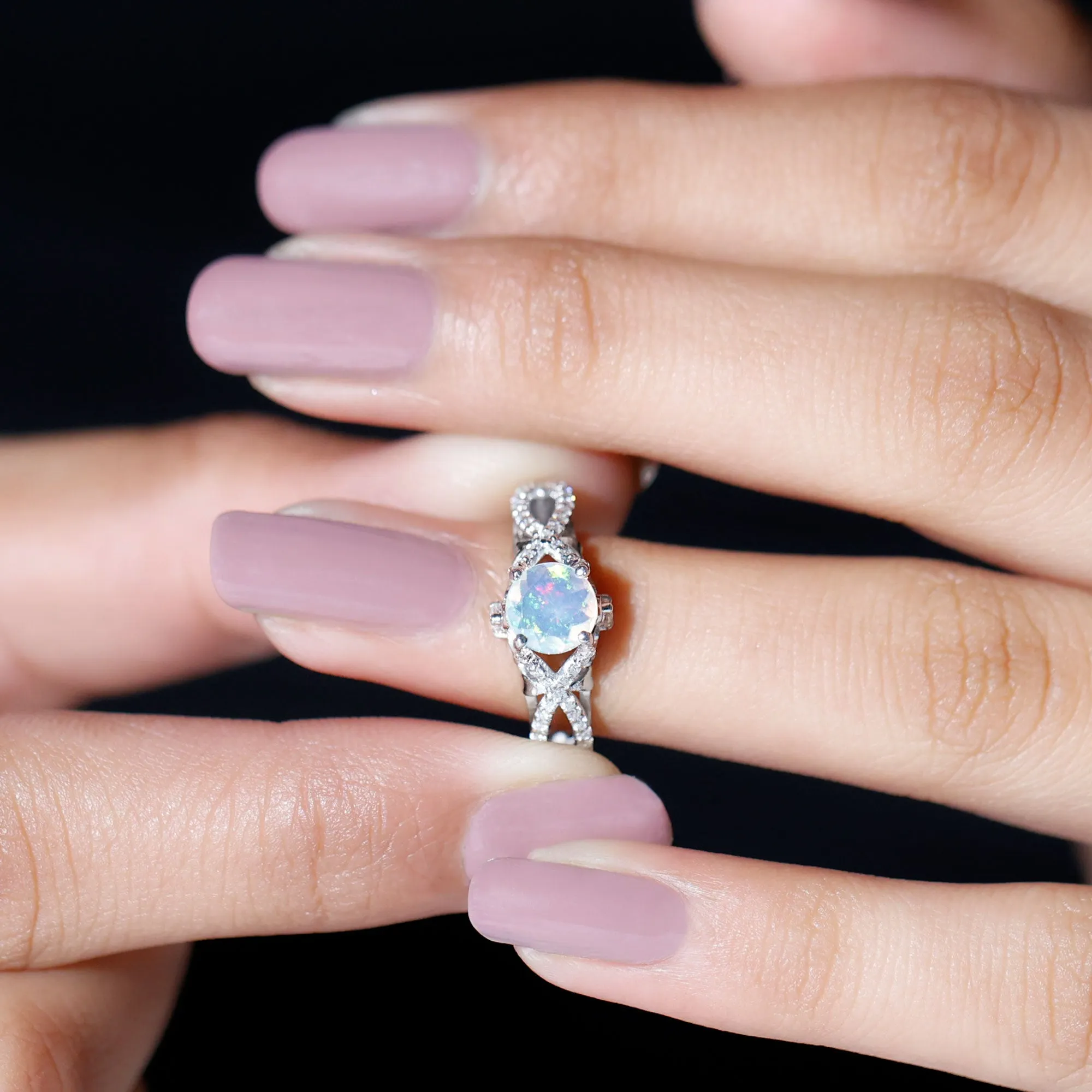 Designer Ethiopian Opal and Diamond Crossover Engagement Ring