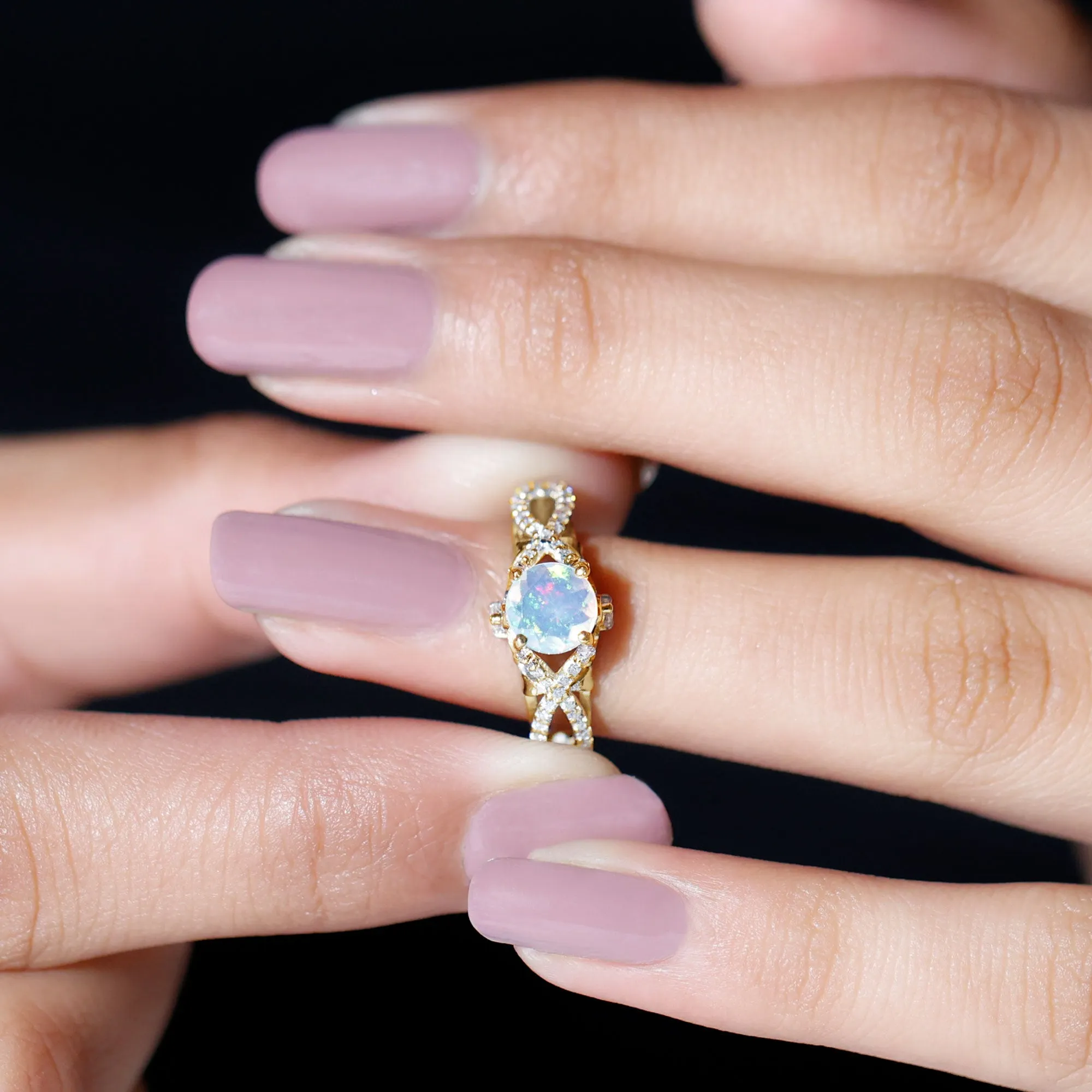 Designer Ethiopian Opal and Diamond Crossover Engagement Ring