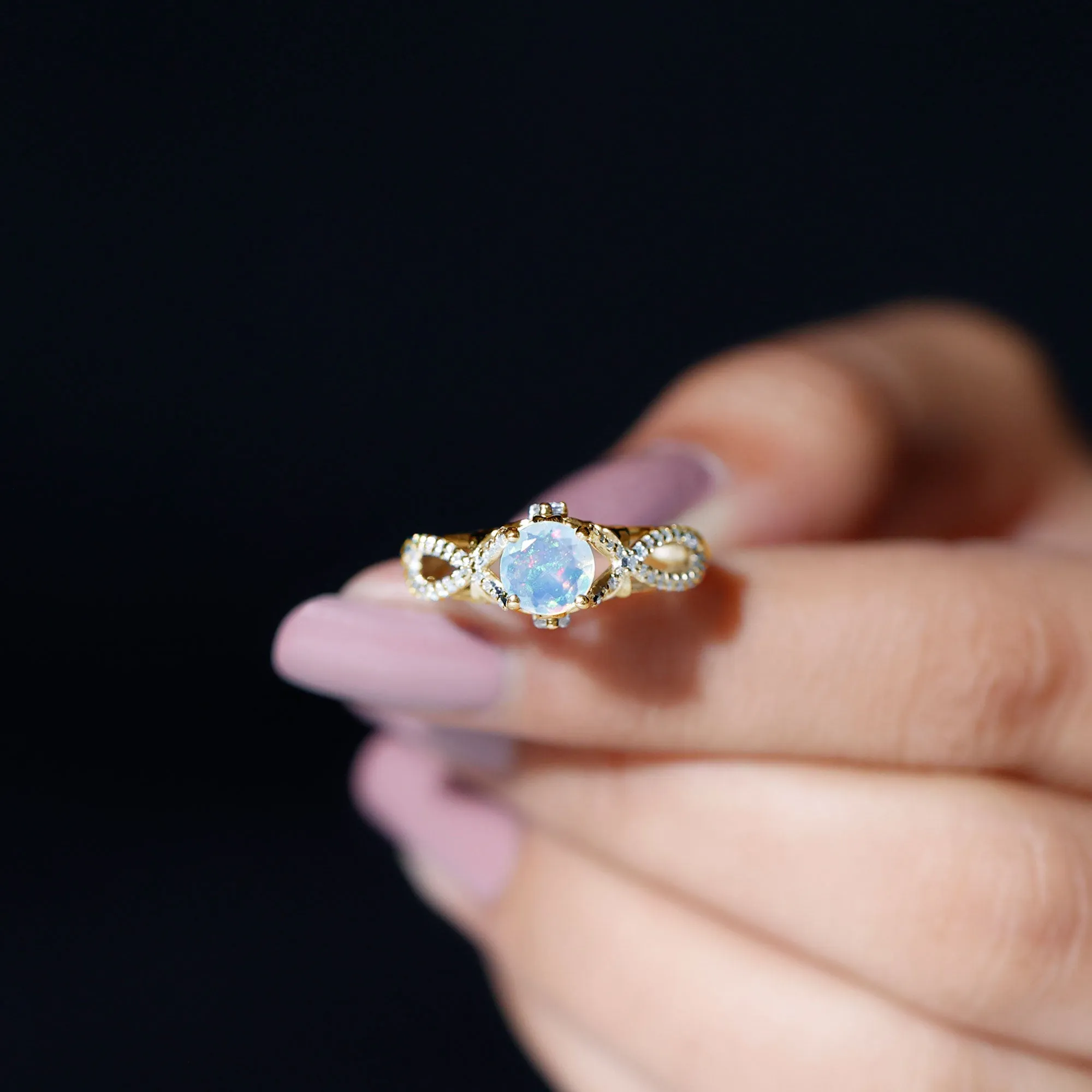 Designer Ethiopian Opal and Diamond Crossover Engagement Ring