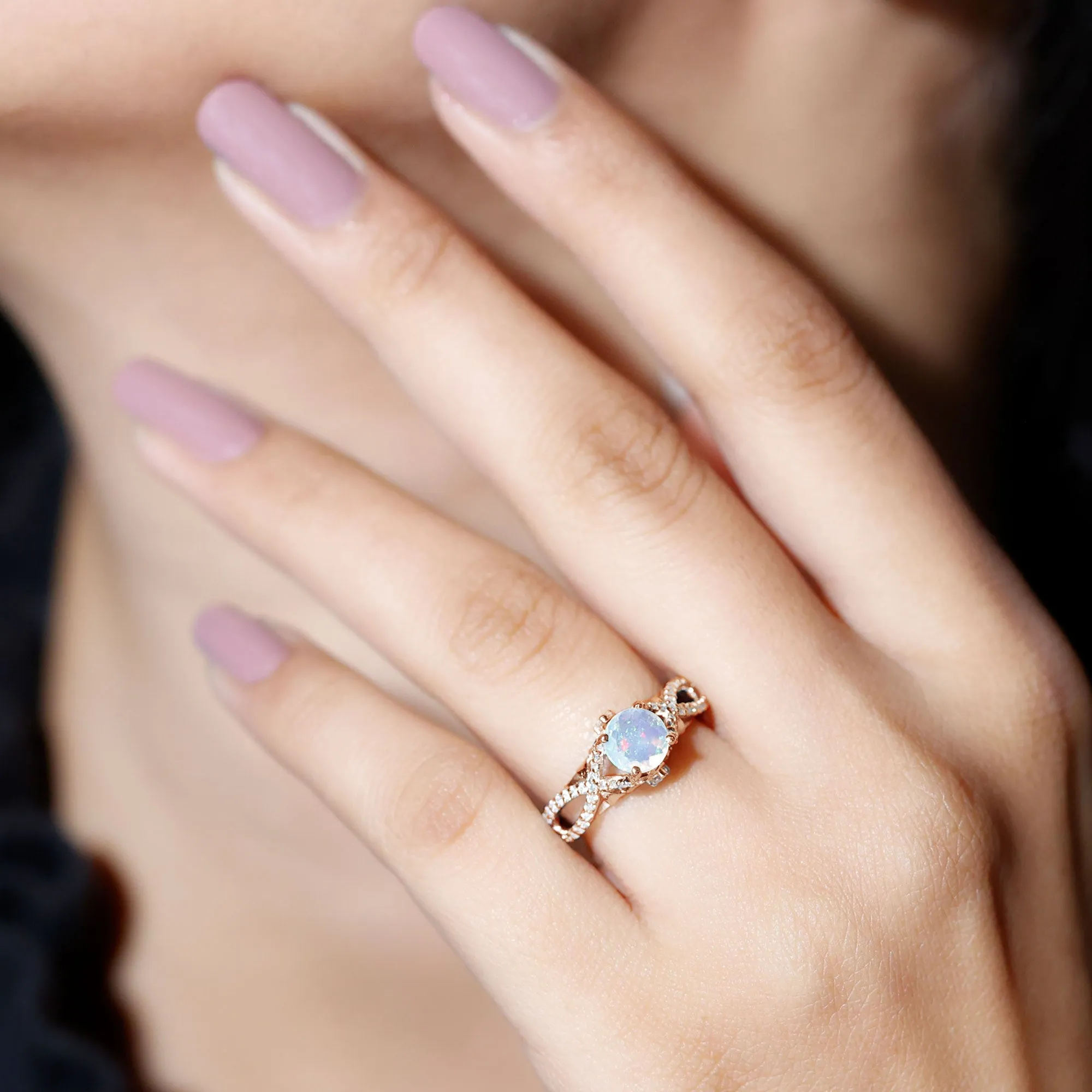 Designer Ethiopian Opal and Diamond Crossover Engagement Ring