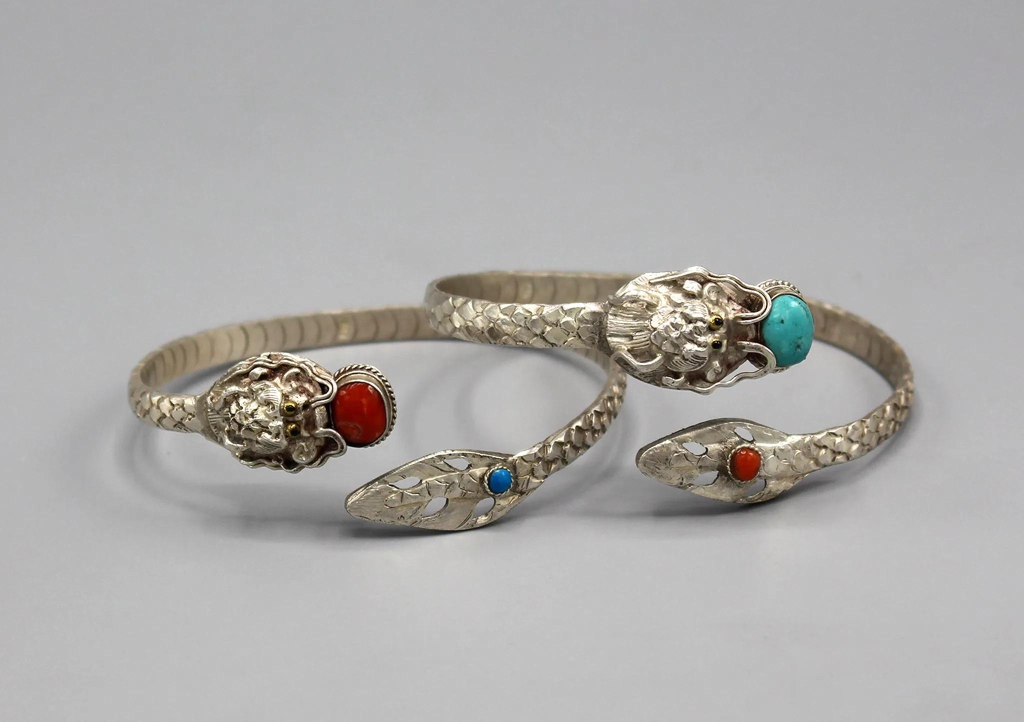 Dragon Carving Inlaid Turquoise Sterling Silver Bracelet