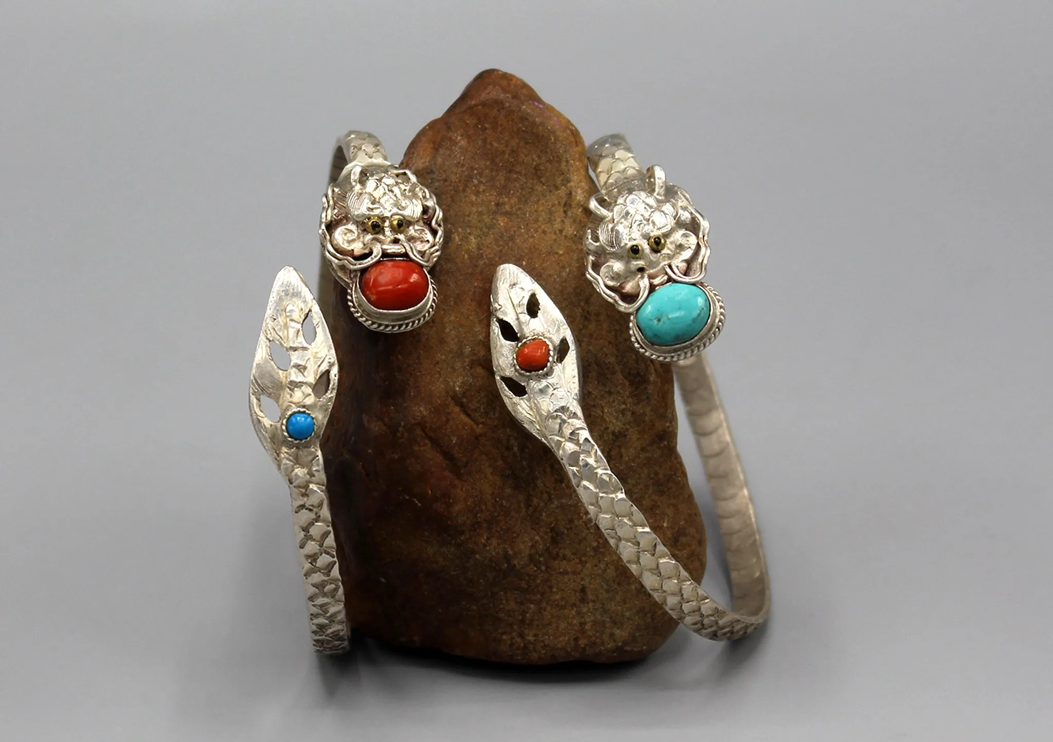 Dragon Carving Inlaid Turquoise Sterling Silver Bracelet
