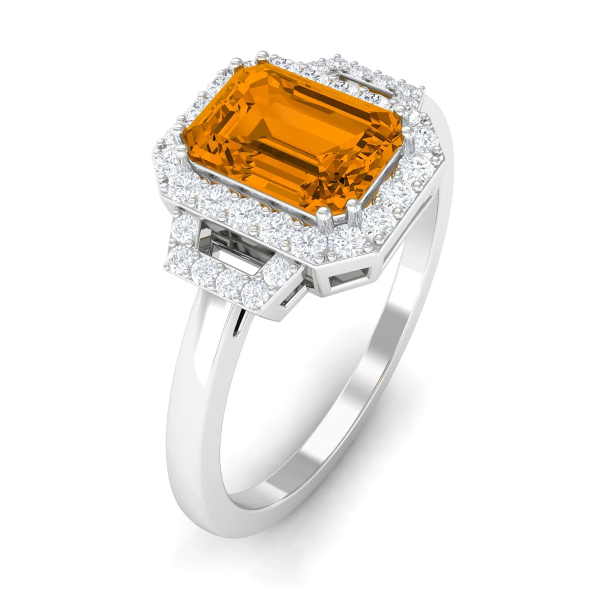 Emerald Cut Citrine and Diamond Statement Engagement Ring