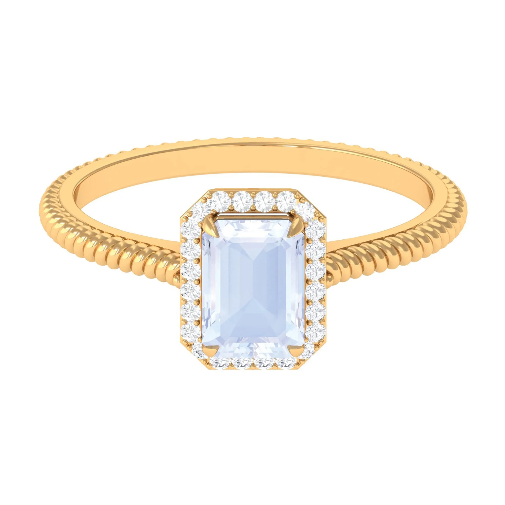 Emerald Cut Moonstone and Diamond Halo Ring