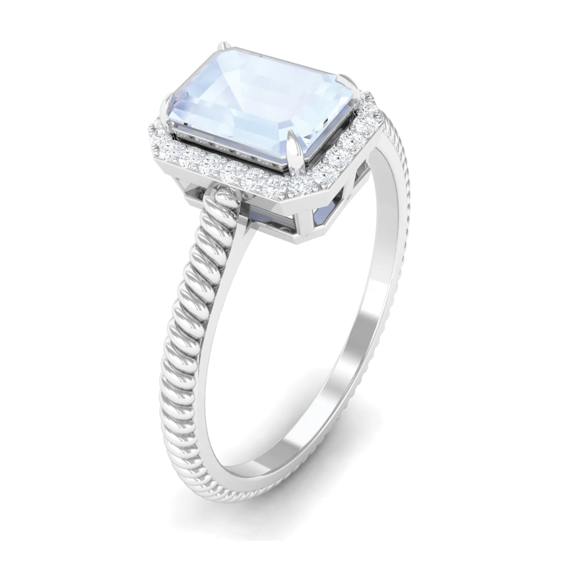 Emerald Cut Moonstone and Diamond Halo Ring