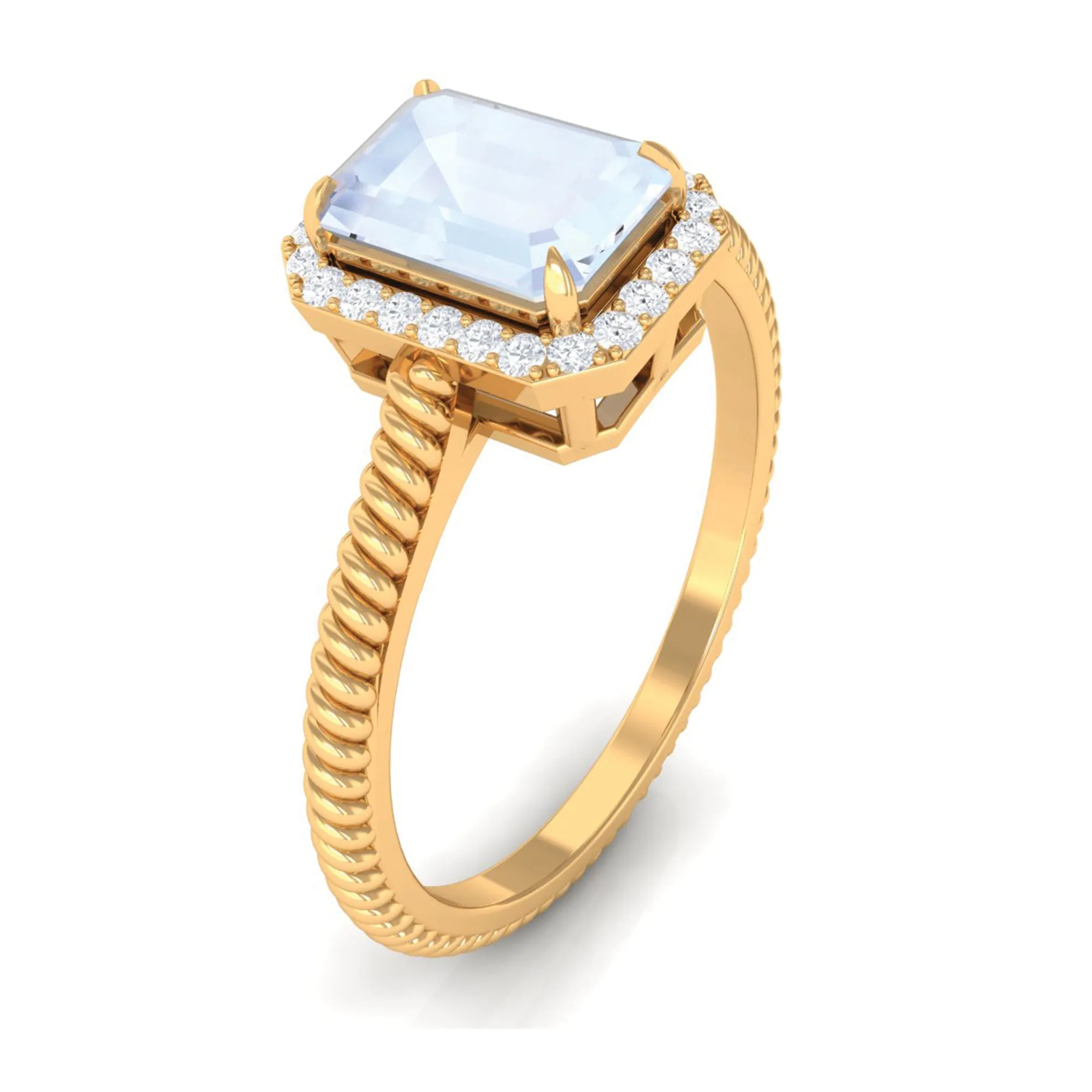 Emerald Cut Moonstone and Diamond Halo Ring