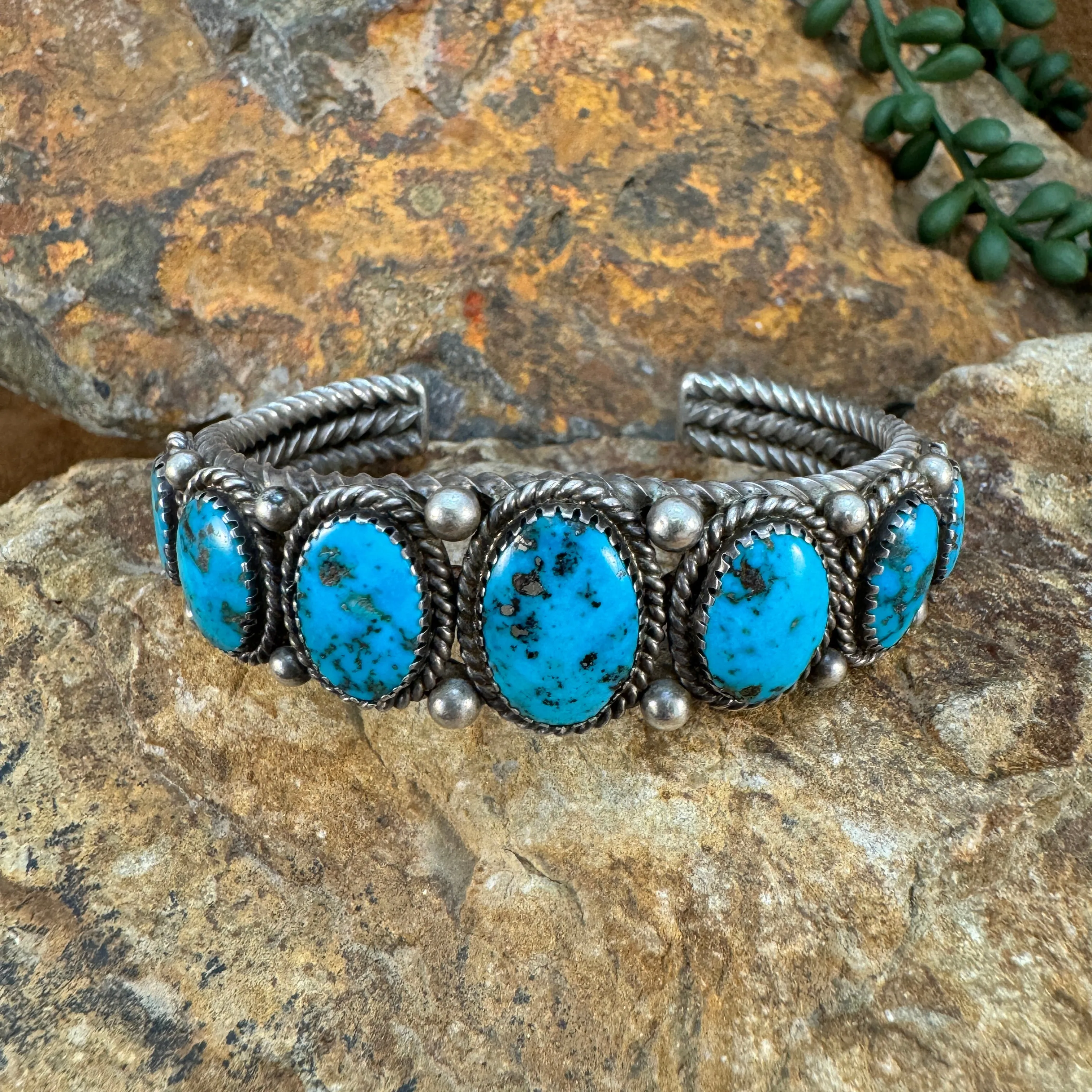 Estate Jewelry - Five-Stone Turquoise Sterling Silver Bracelet