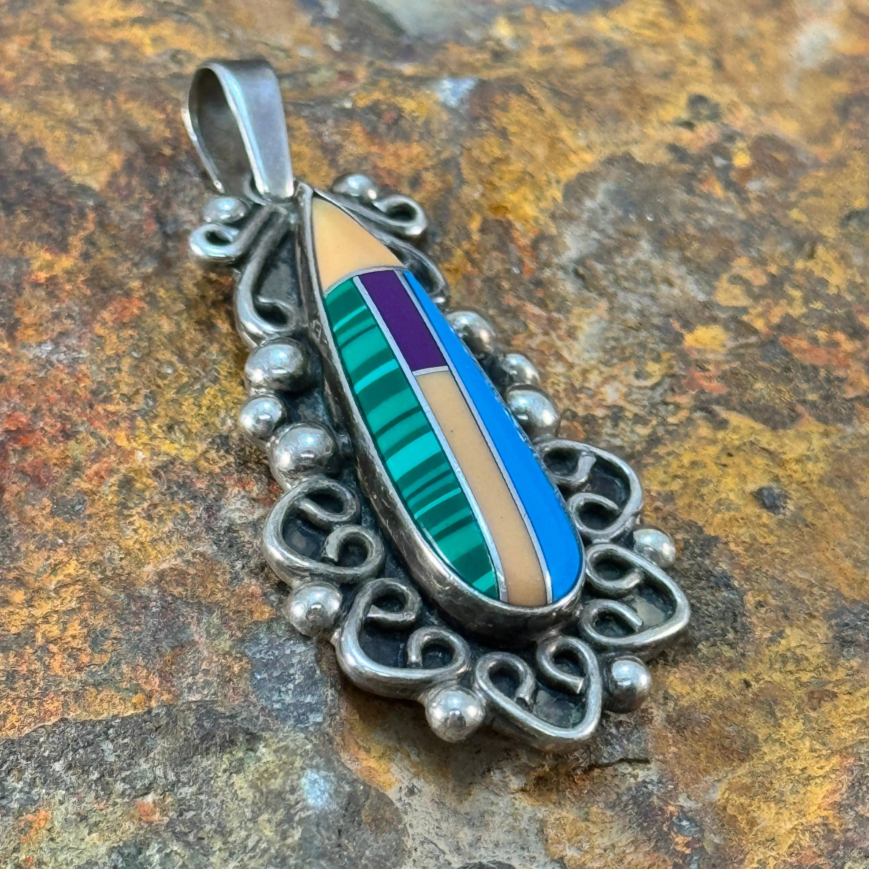 Estate Jewelry -  Inlaid Sterling Silver Pendant - Mexico