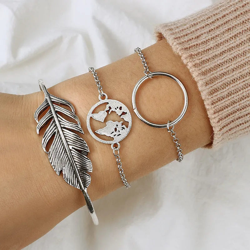 European and American cross-border jewelry New geometric smooth circle round map leaf bracelet bracelet three-piece