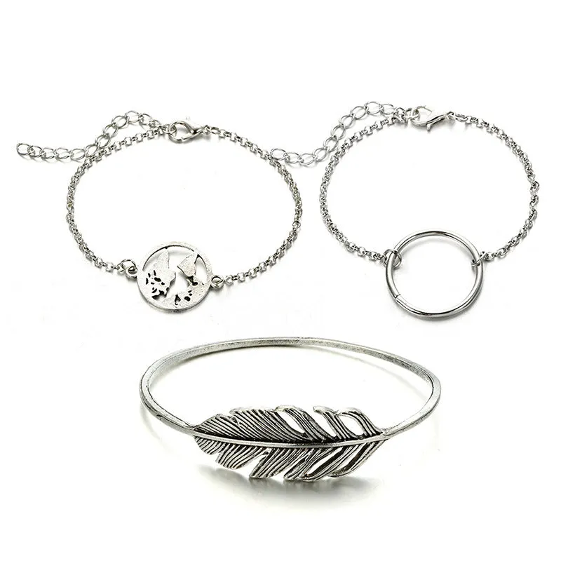 European and American cross-border jewelry New geometric smooth circle round map leaf bracelet bracelet three-piece