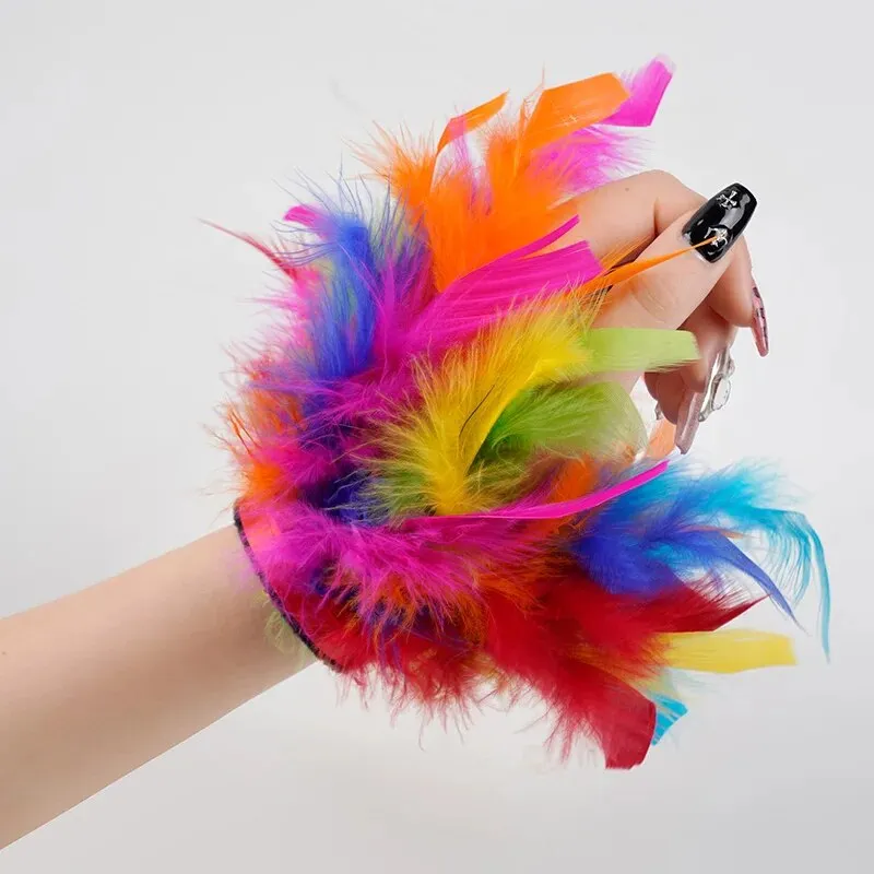 Faux Ostrich Fur Feather Snap Cuff Bracelet