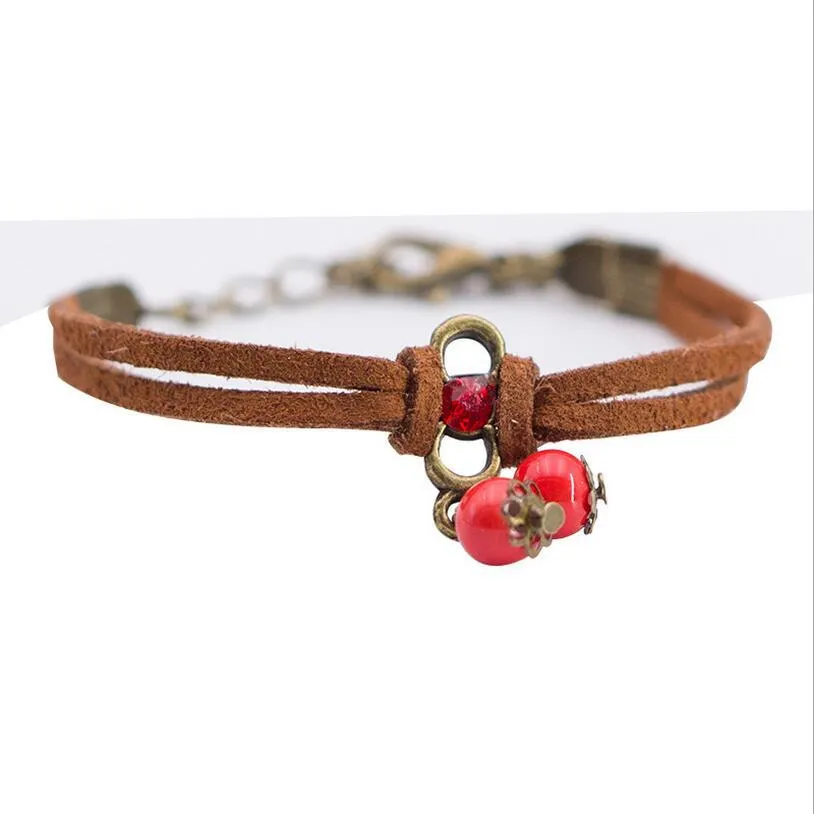 Female's Korean Multi-Layered Crystal Sweet Red Water Droplets Leather Rope With Small Cherry Charm Bracelet