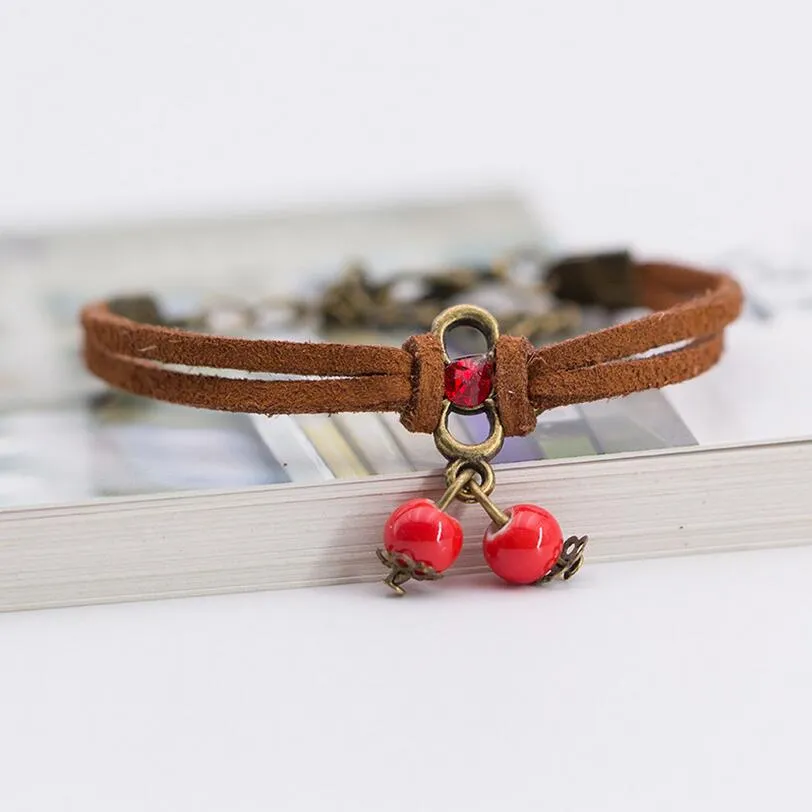 Female's Korean Multi-Layered Crystal Sweet Red Water Droplets Leather Rope With Small Cherry Charm Bracelet