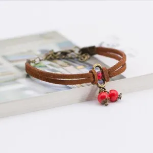 Female's Korean Multi-Layered Crystal Sweet Red Water Droplets Leather Rope With Small Cherry Charm Bracelet