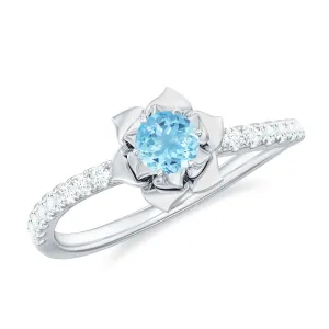 Floral Inspired Aquamarine Rose Engagement Ring with Diamond