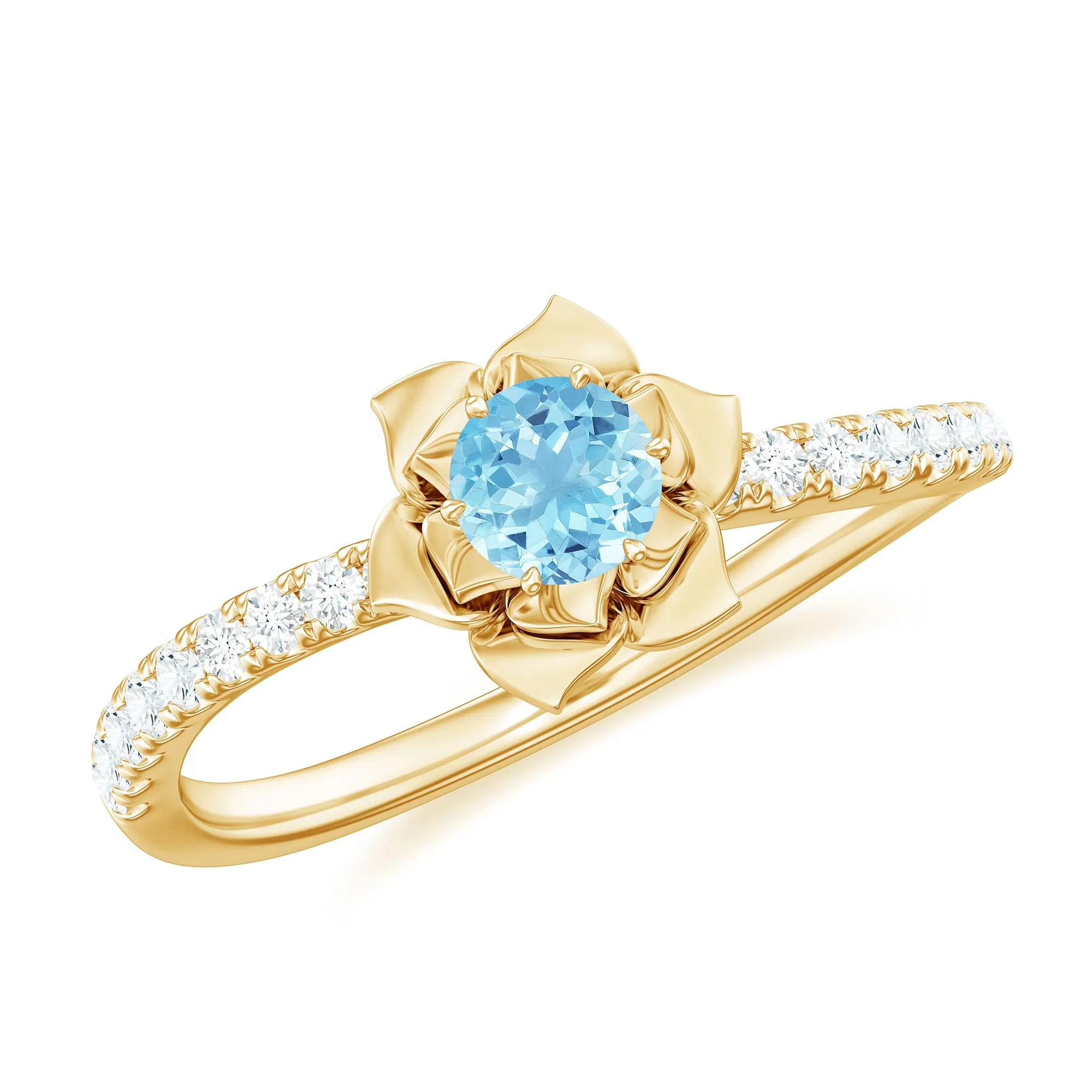Floral Inspired Aquamarine Rose Engagement Ring with Diamond