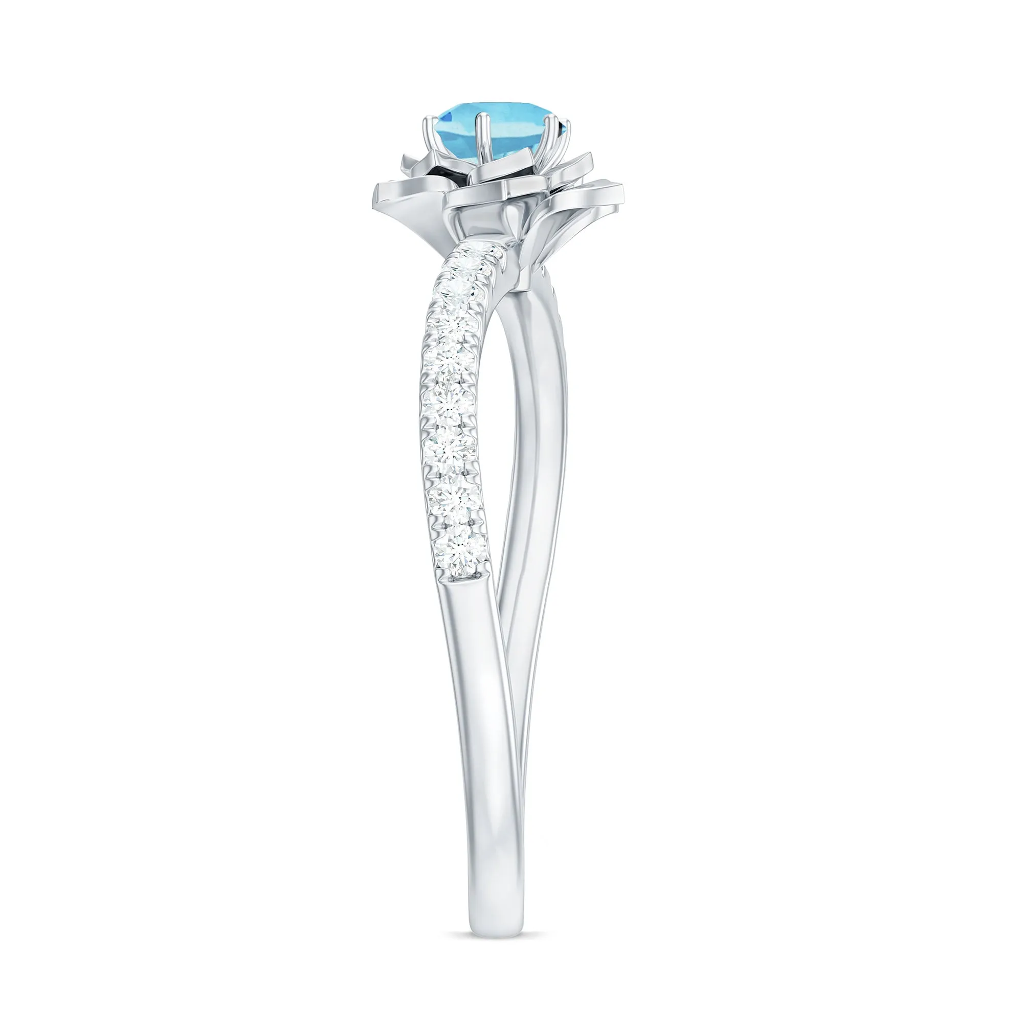 Floral Inspired Aquamarine Rose Engagement Ring with Diamond