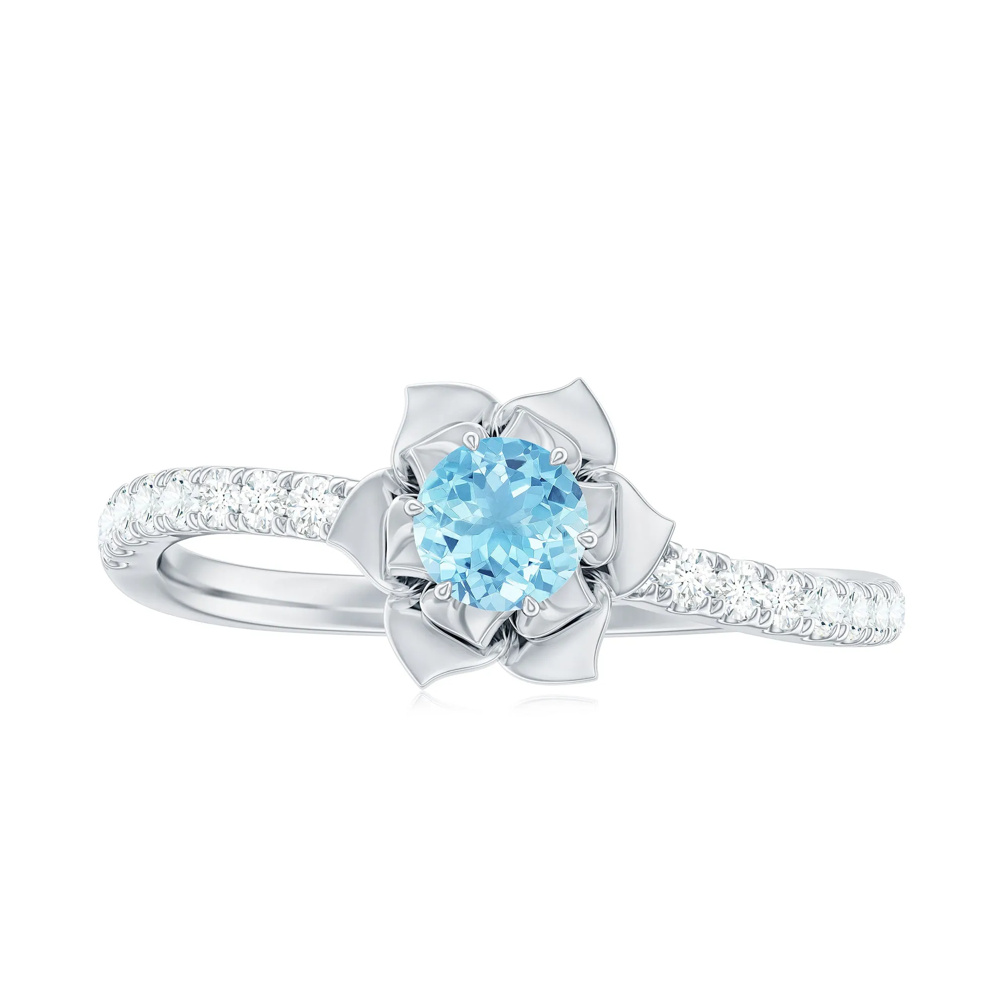 Floral Inspired Aquamarine Rose Engagement Ring with Diamond