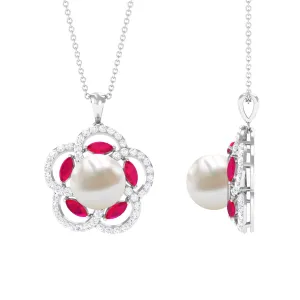 Freshwater Pearl Flower Pendant with Created Ruby and Moissanite
