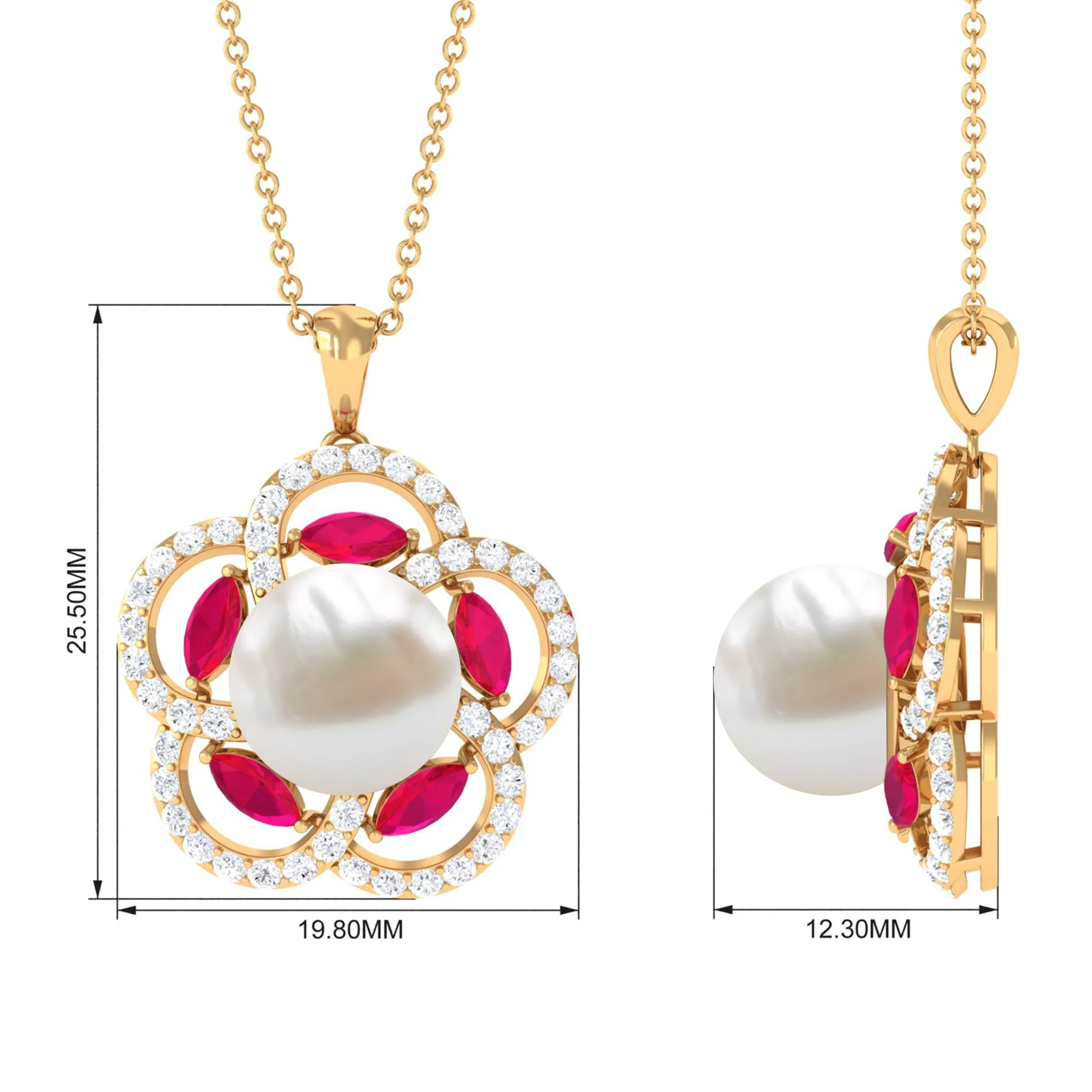 Freshwater Pearl Flower Pendant with Created Ruby and Moissanite