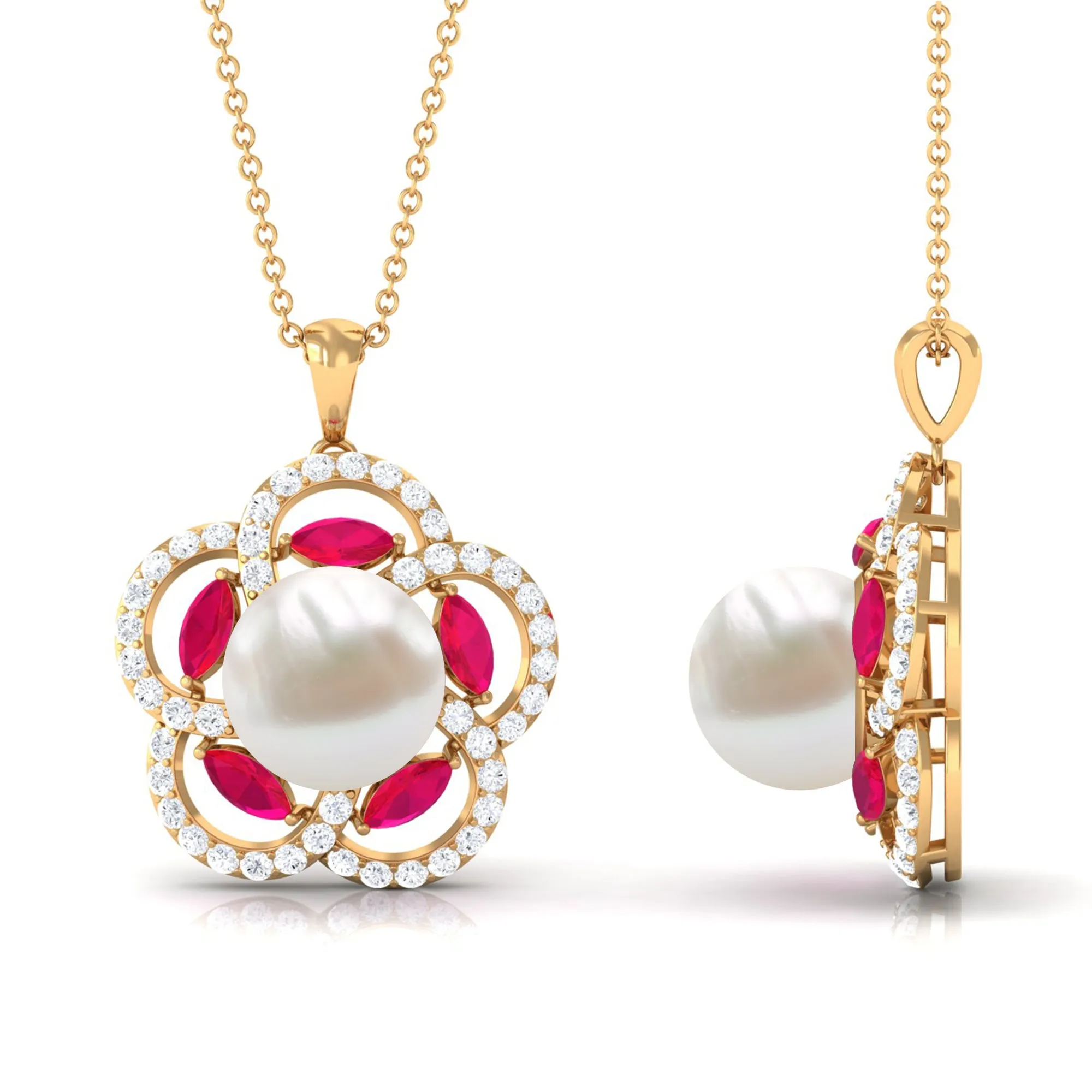 Freshwater Pearl Flower Pendant with Created Ruby and Moissanite