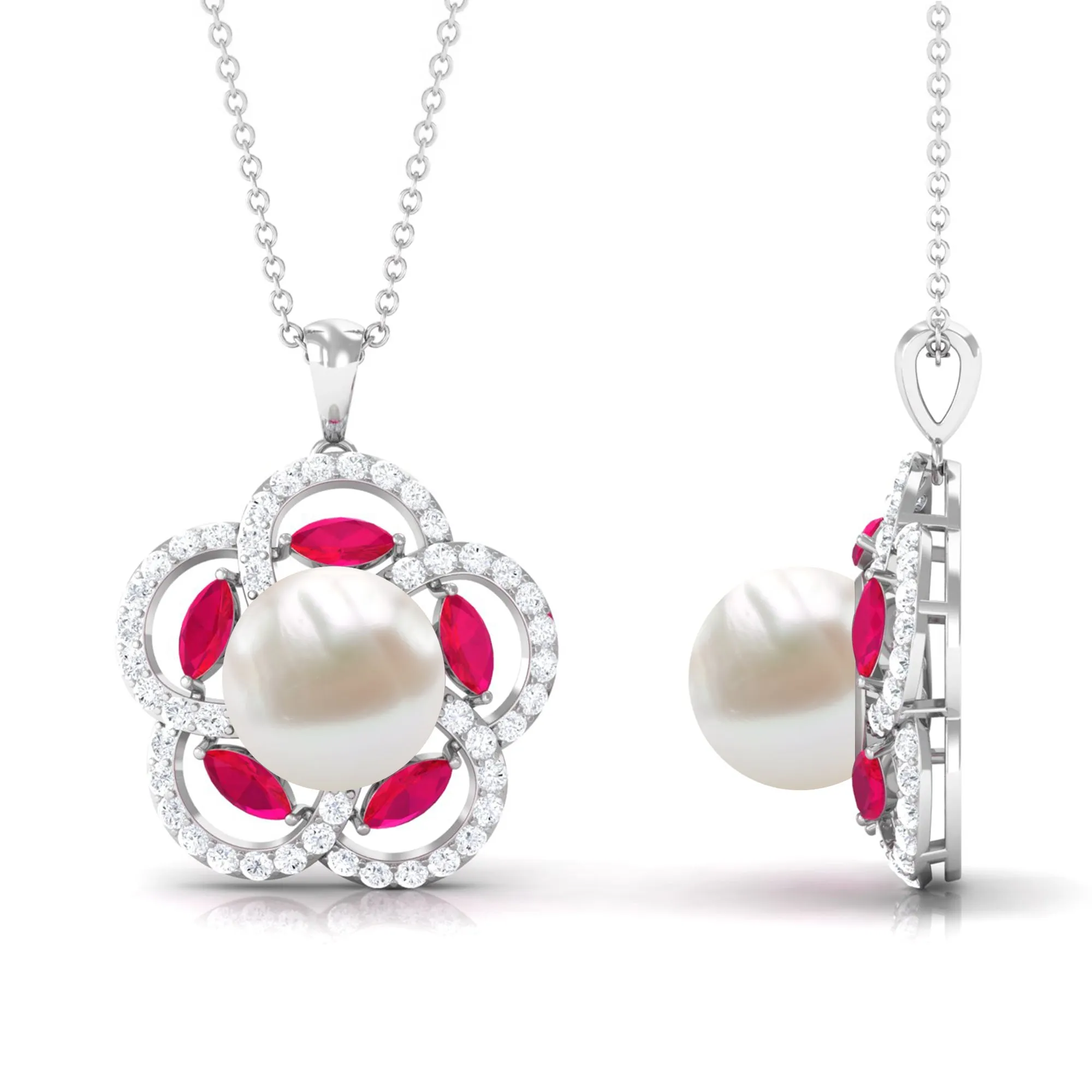 Freshwater Pearl Flower Pendant with Created Ruby and Moissanite