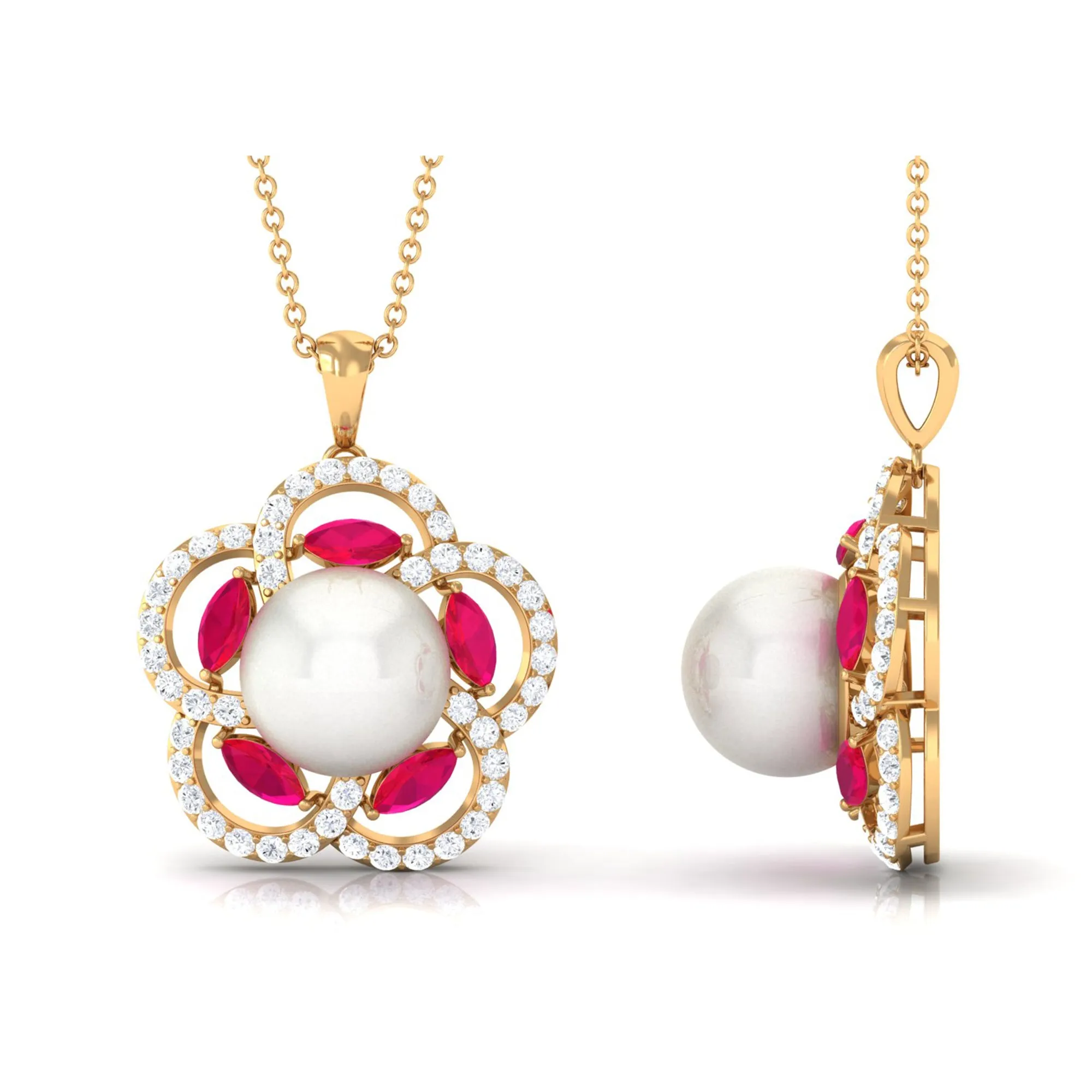Freshwater Pearl Flower Pendant with Created Ruby and Moissanite