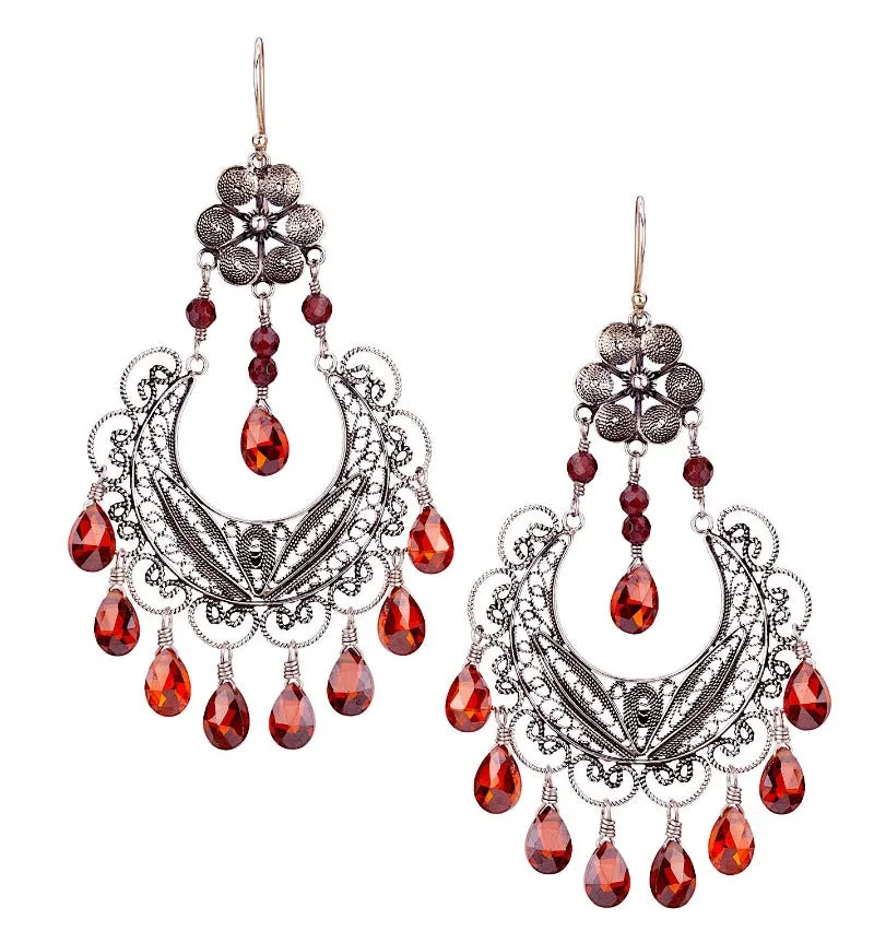 Frida chandelier earrings - red cz briolettes