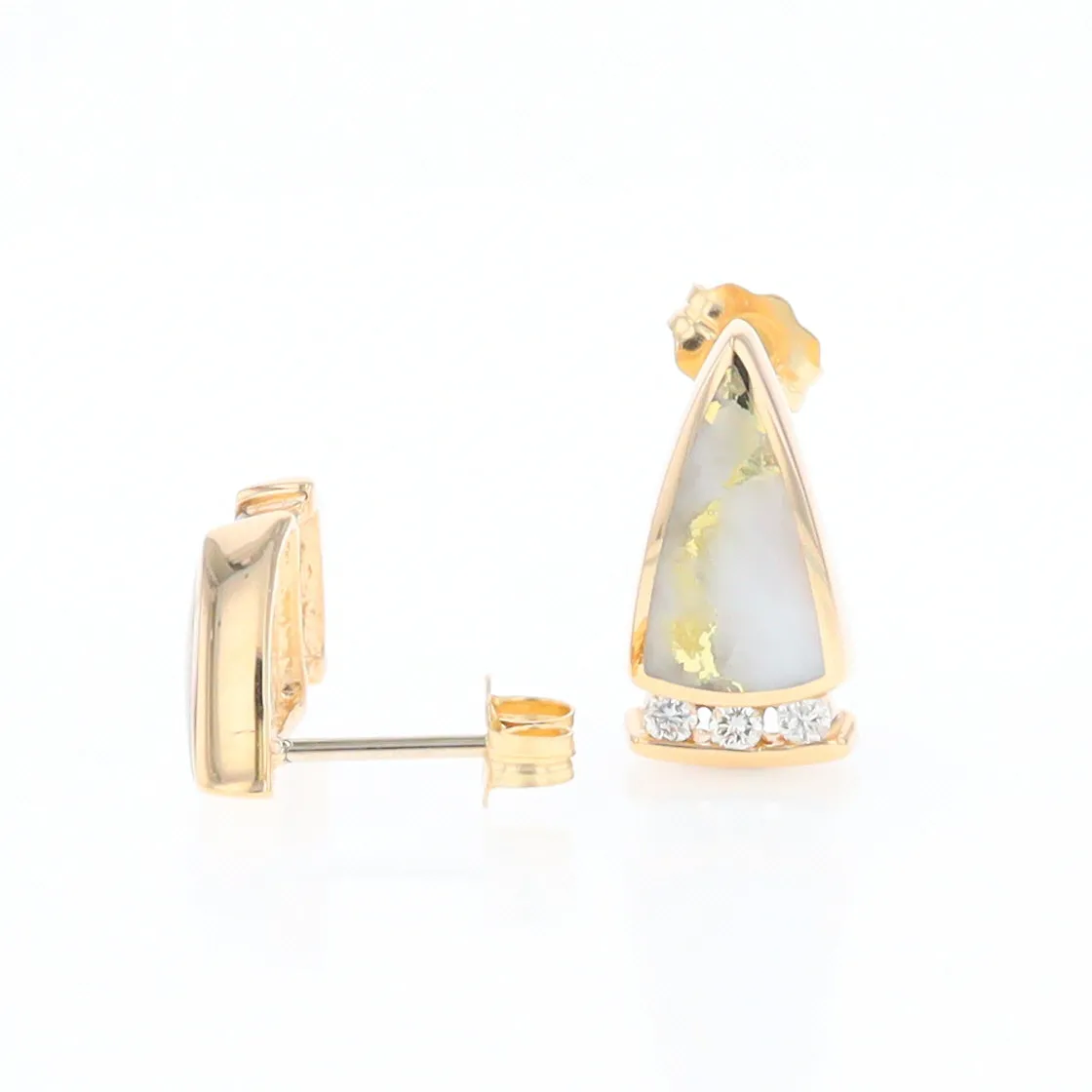 G1 Gold Quartz Earrings Triangle Shape Inlaid Design with .12ctw Diamonds