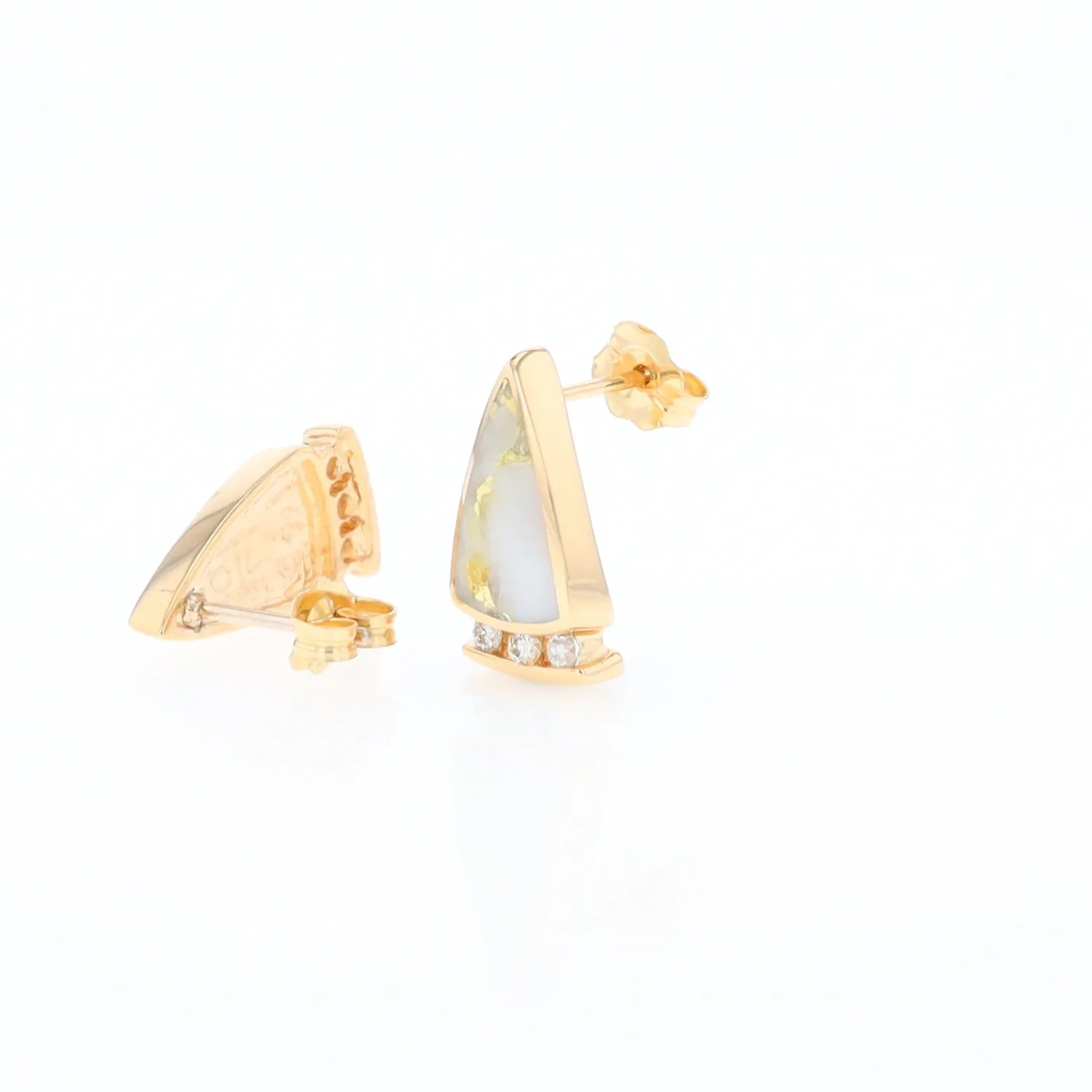 G1 Gold Quartz Earrings Triangle Shape Inlaid Design with .12ctw Diamonds